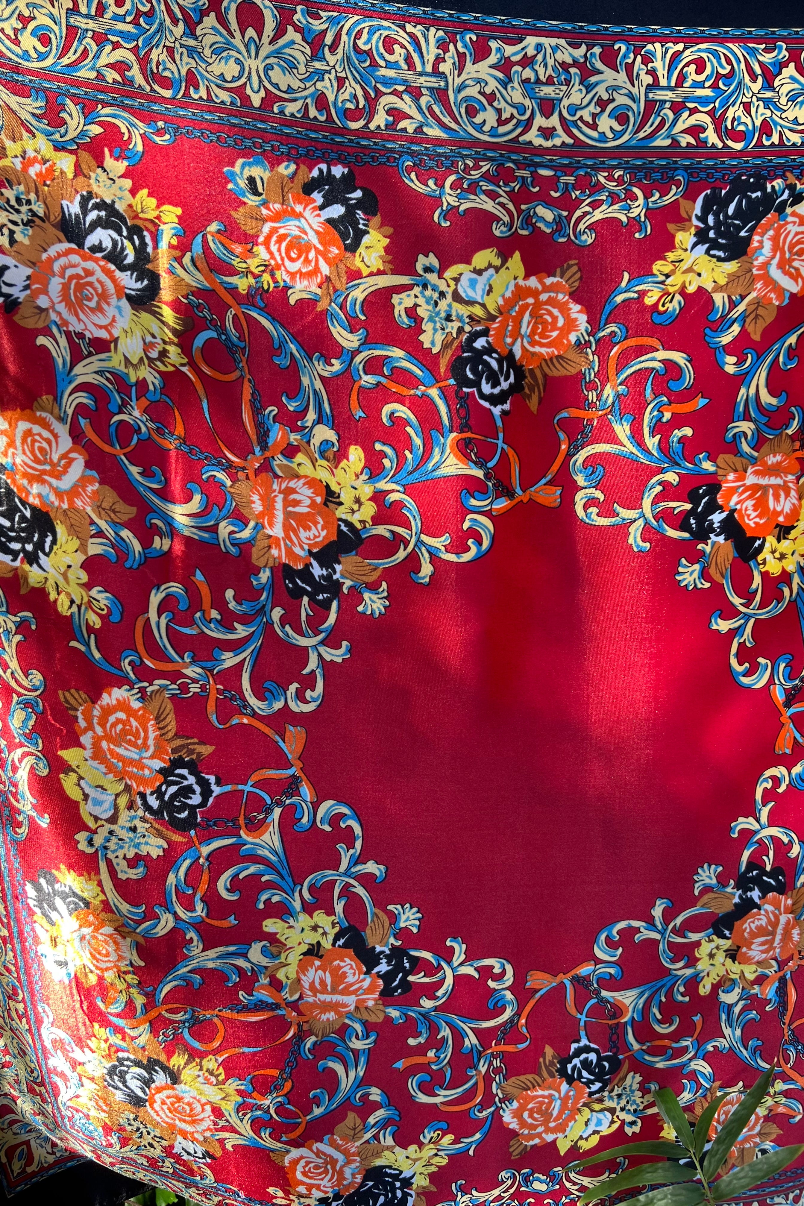 Crimson Reverie Satin Scarf with baroque gold scrolls and floral print in orange black and ivory - 90x90cm satin scarf.