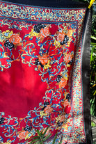 Crimson Reverie Satin Scarf with baroque gold scrolls and floral print in orange black and ivory - 90x90cm satin scarf.