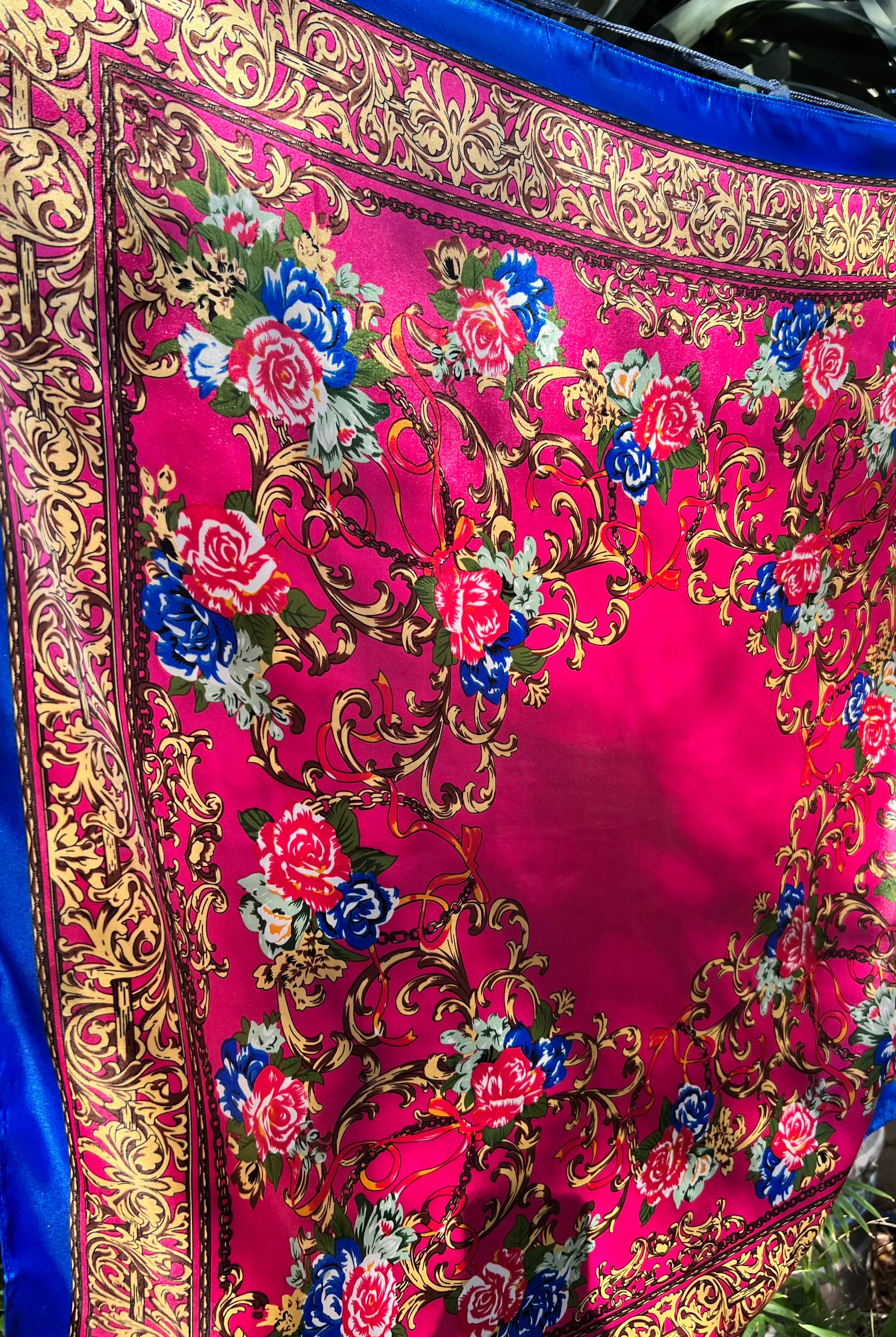 Square pink satin scarf with ornate gold filigree and red and blue floral print - Bohemian Love Runway accessory.