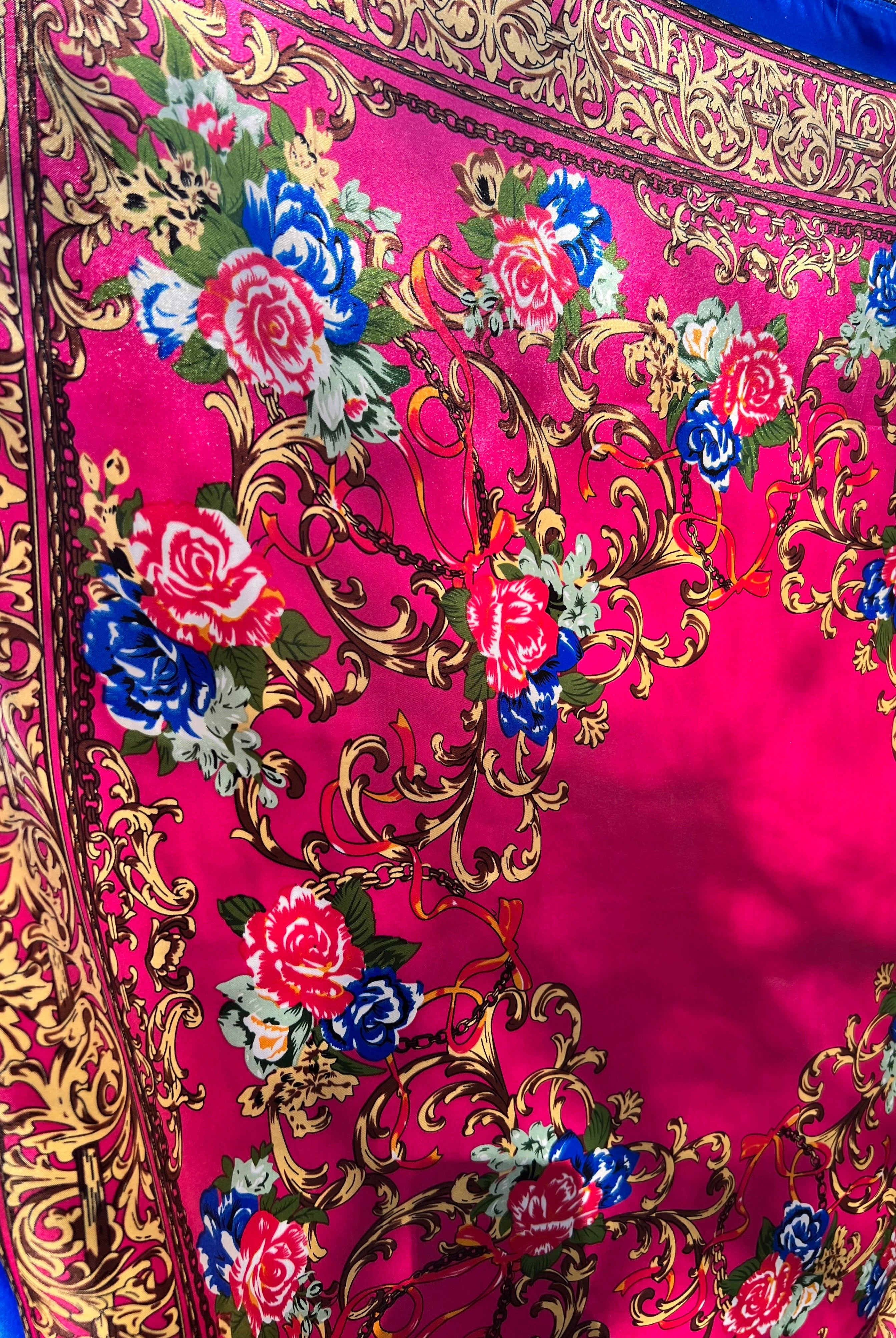 Square pink satin scarf with ornate gold filigree and red and blue floral print - Bohemian Love Runway accessory.