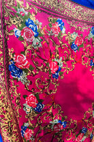 Square pink satin scarf with ornate gold filigree and red and blue floral print - Bohemian Love Runway accessory.