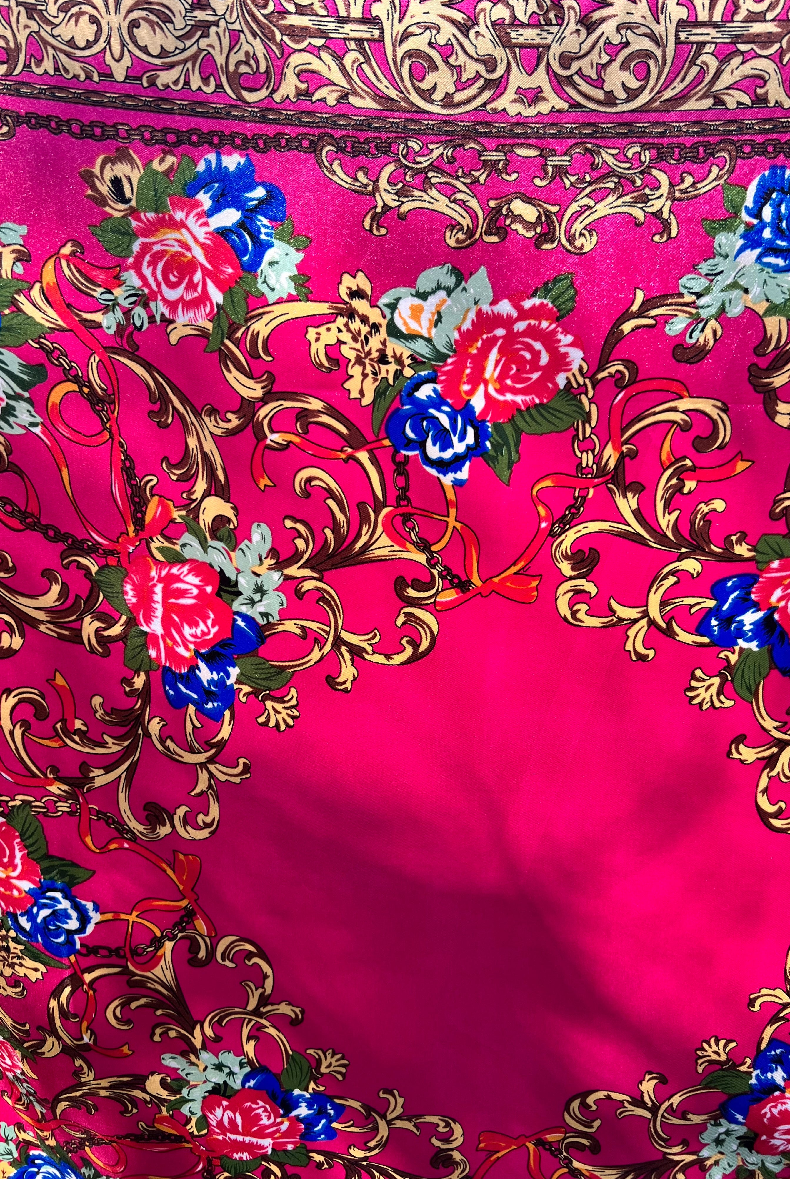 Square pink satin scarf with ornate gold filigree and red and blue floral print - Bohemian Love Runway accessory.