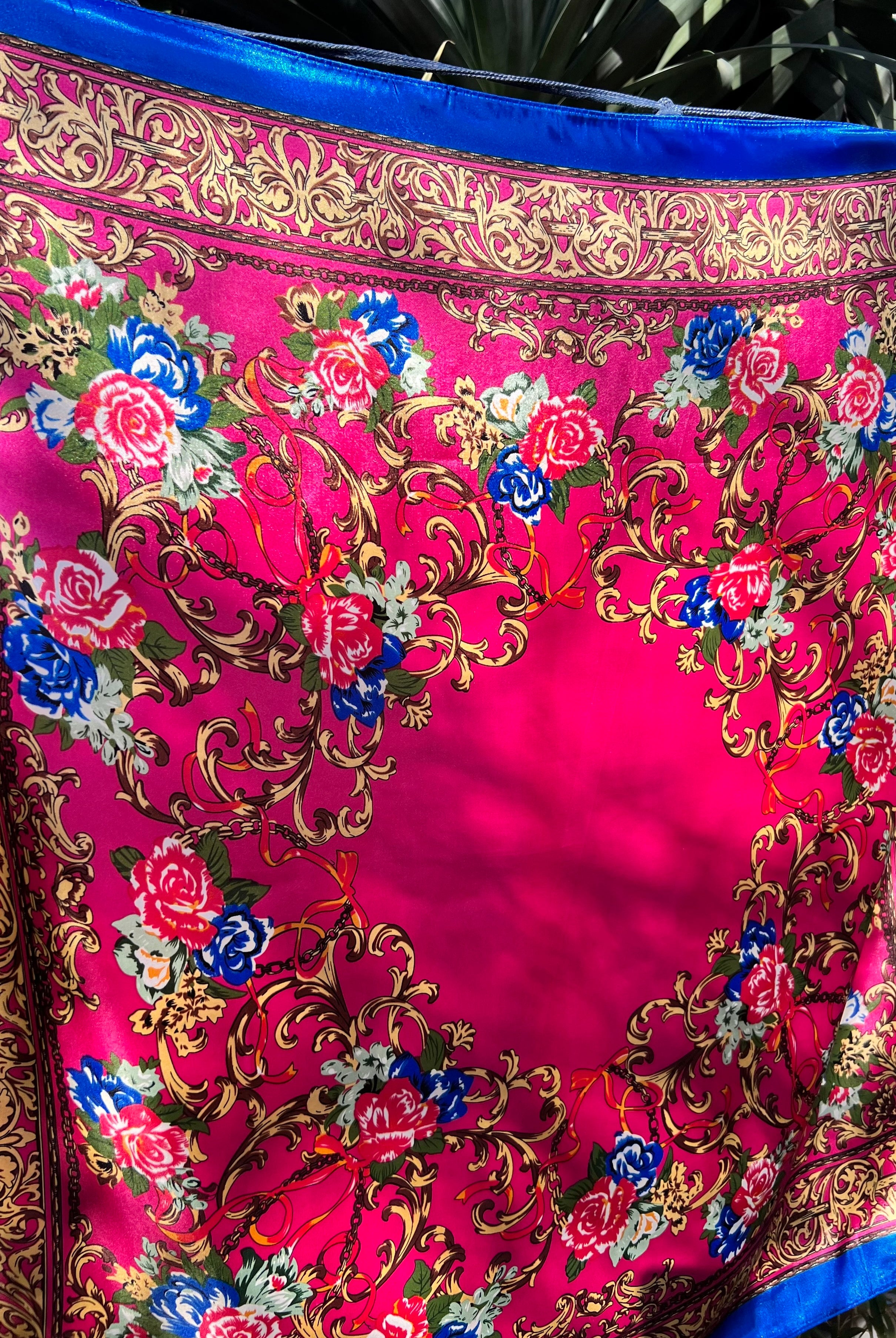 Square pink satin scarf with ornate gold filigree and red and blue floral print - Bohemian Love Runway accessory.