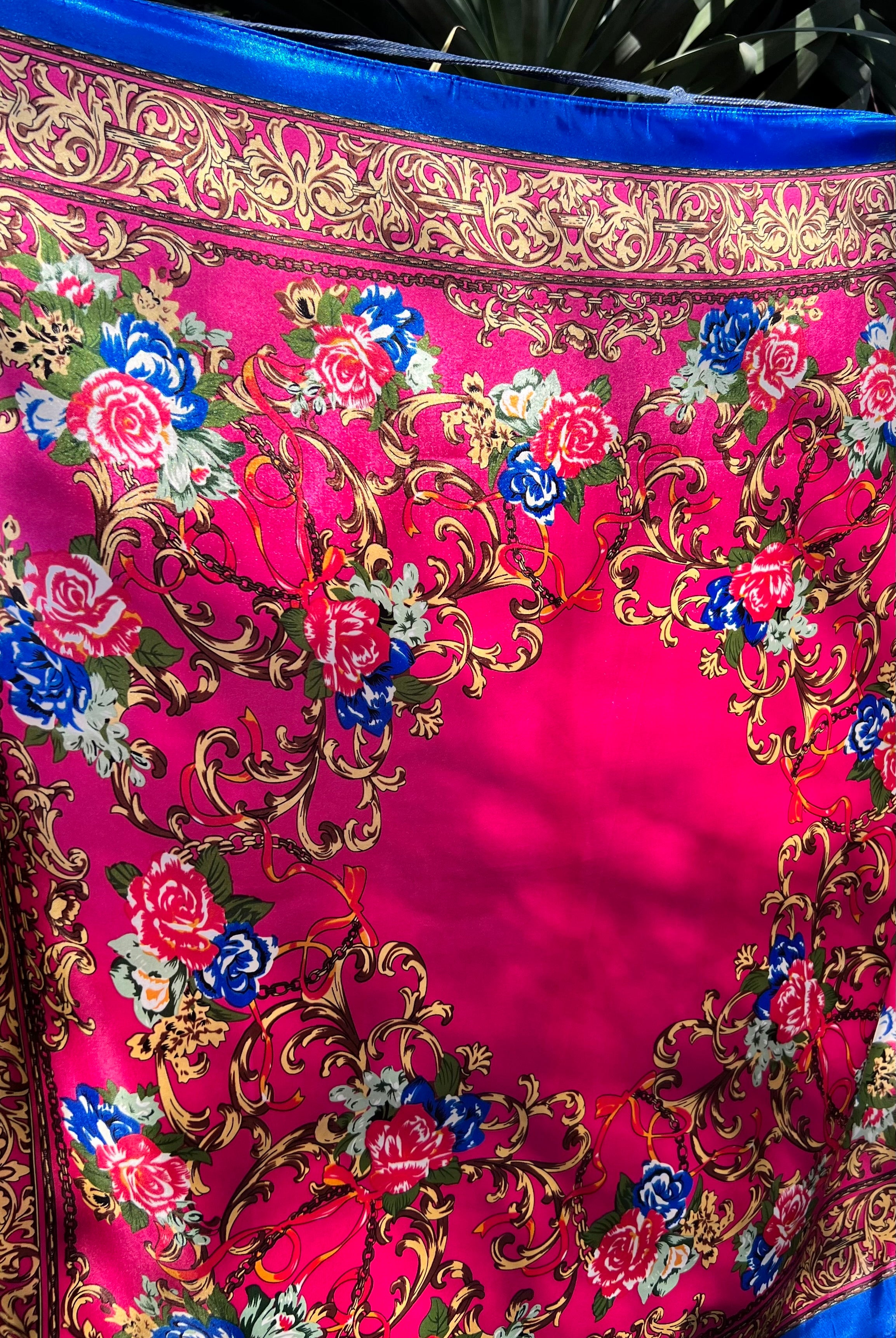 Square pink satin scarf with ornate gold filigree and red and blue floral print - Bohemian Love Runway accessory.