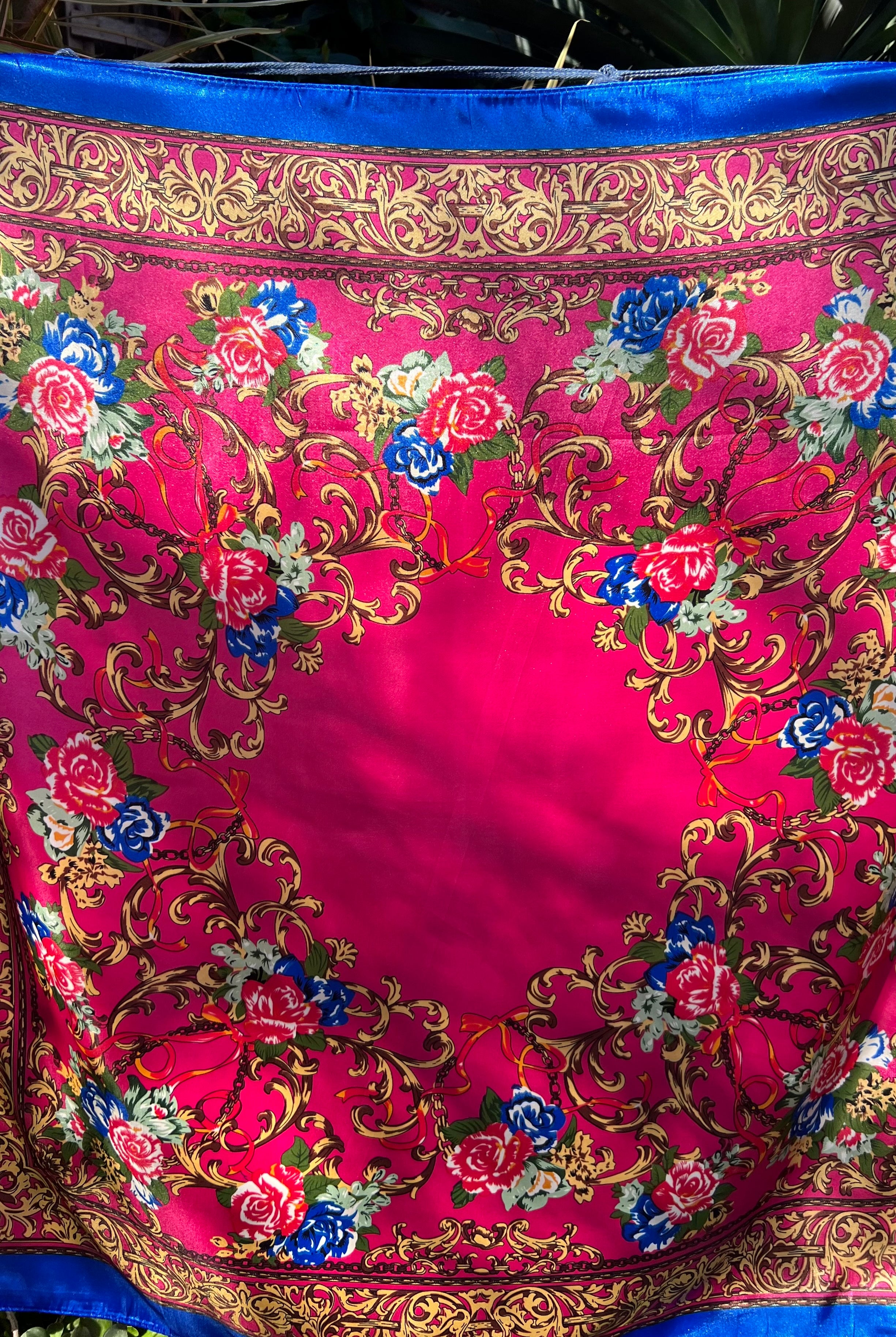 Square pink satin scarf with ornate gold filigree and red and blue floral print - Bohemian Love Runway accessory.