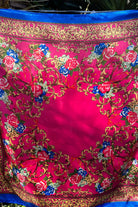 Square pink satin scarf with ornate gold filigree and red and blue floral print - Bohemian Love Runway accessory.