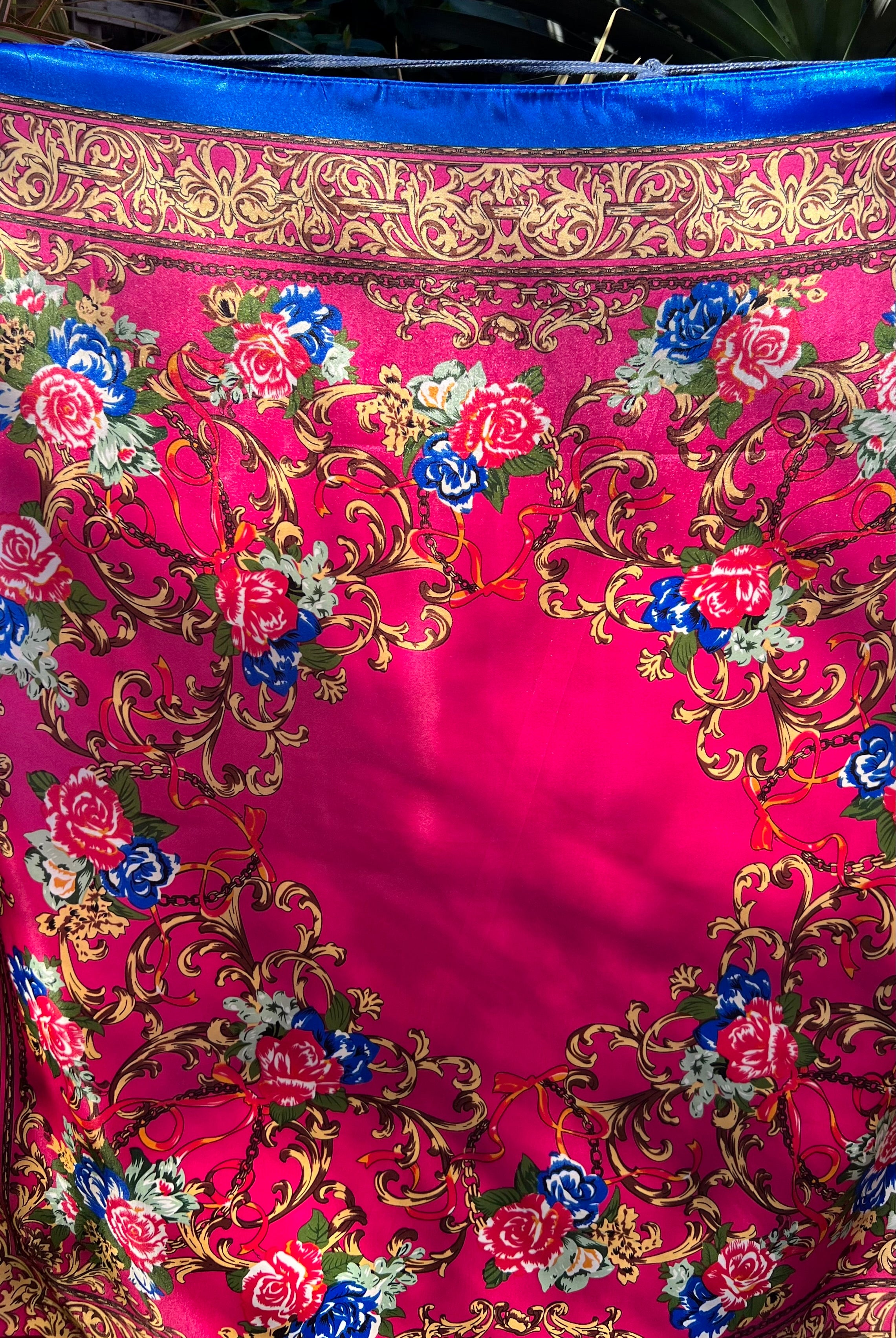 Square pink satin scarf with ornate gold filigree and red and blue floral print - Bohemian Love Runway accessory.