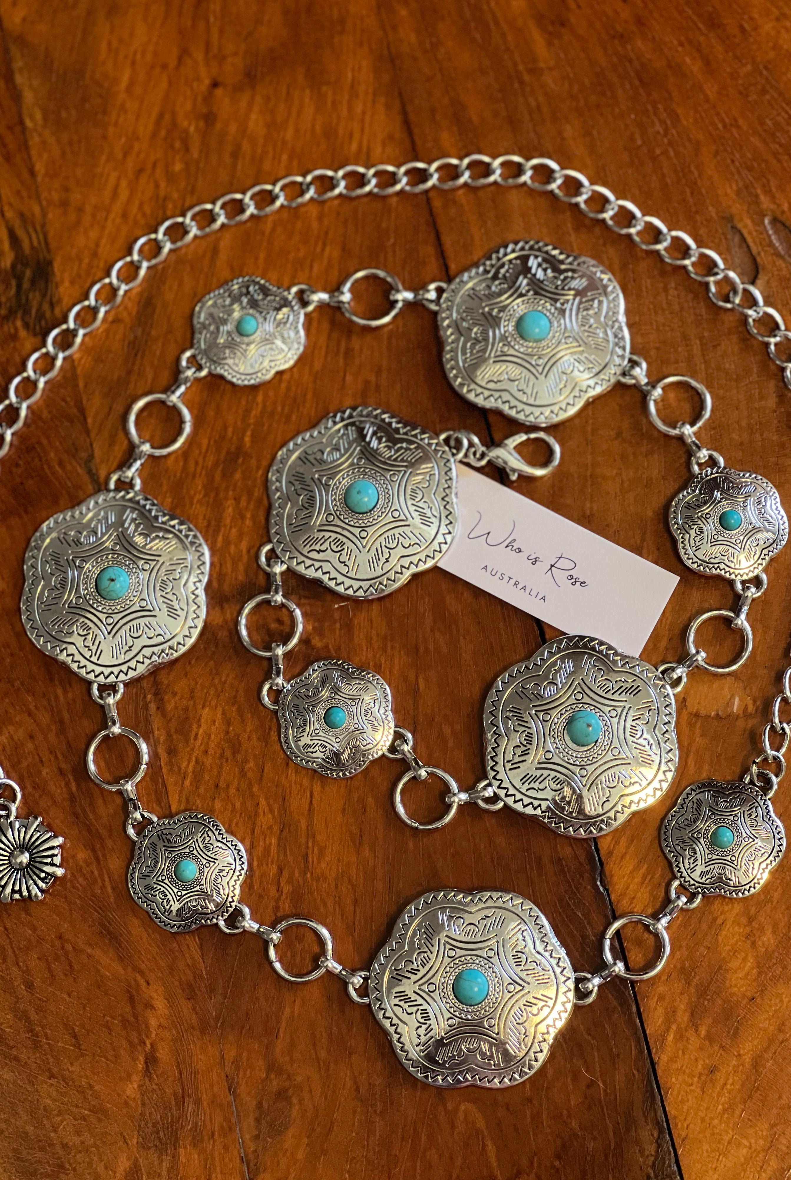 Western festival silver concho chain belt with turquoise stones - boho accessory at Bohemian Love Runway.