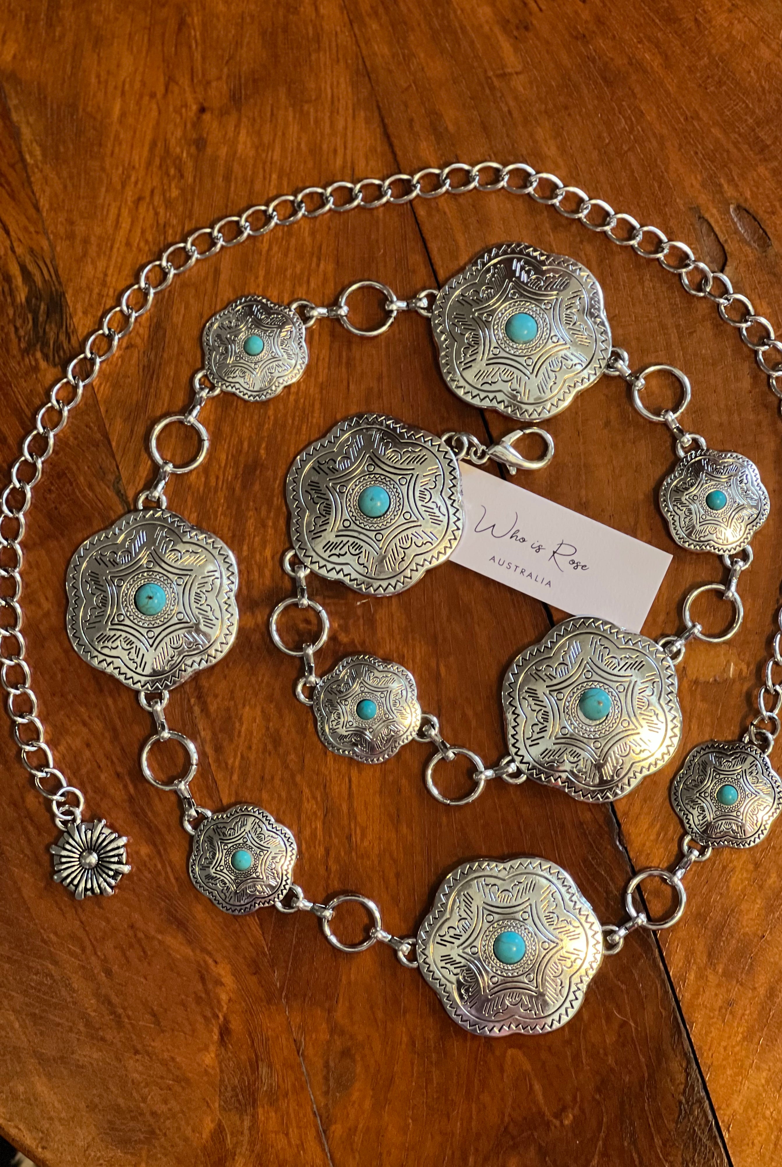 Western festival silver concho chain belt with turquoise stones - boho accessory at Bohemian Love Runway.