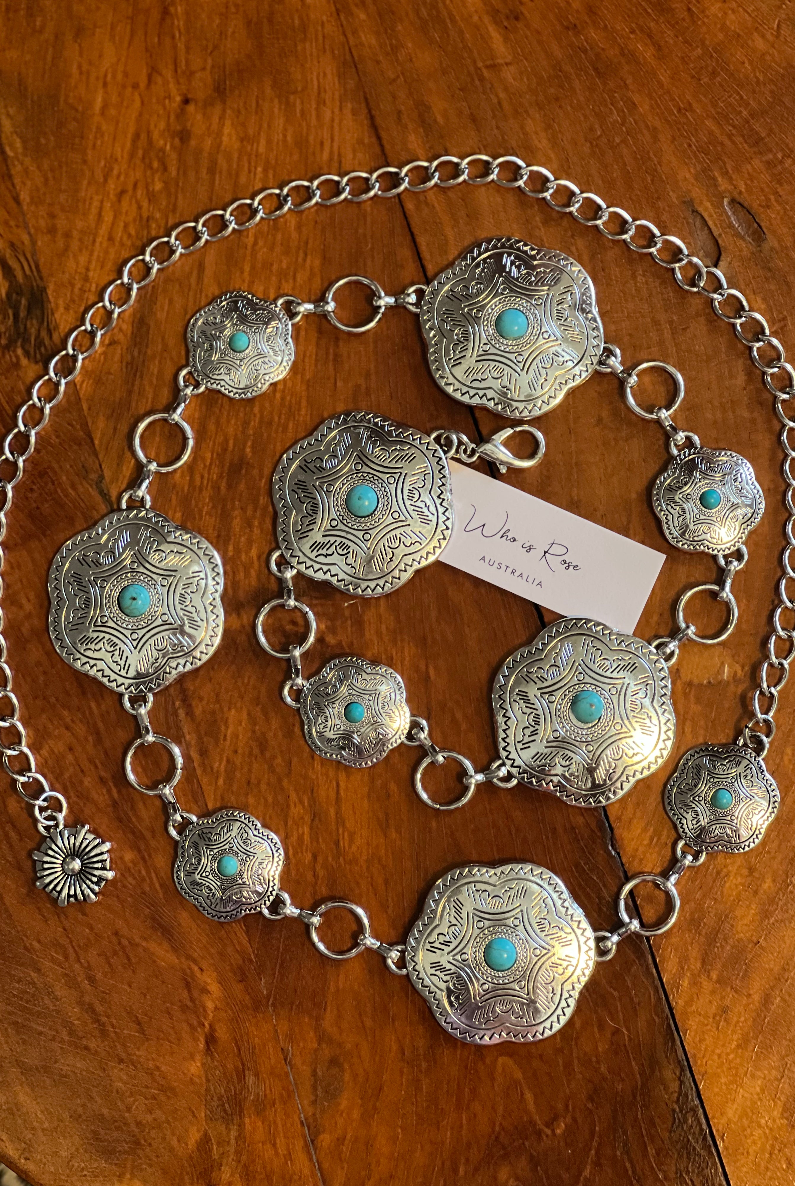 Western festival silver concho chain belt with turquoise stones - boho accessory at Bohemian Love Runway.
