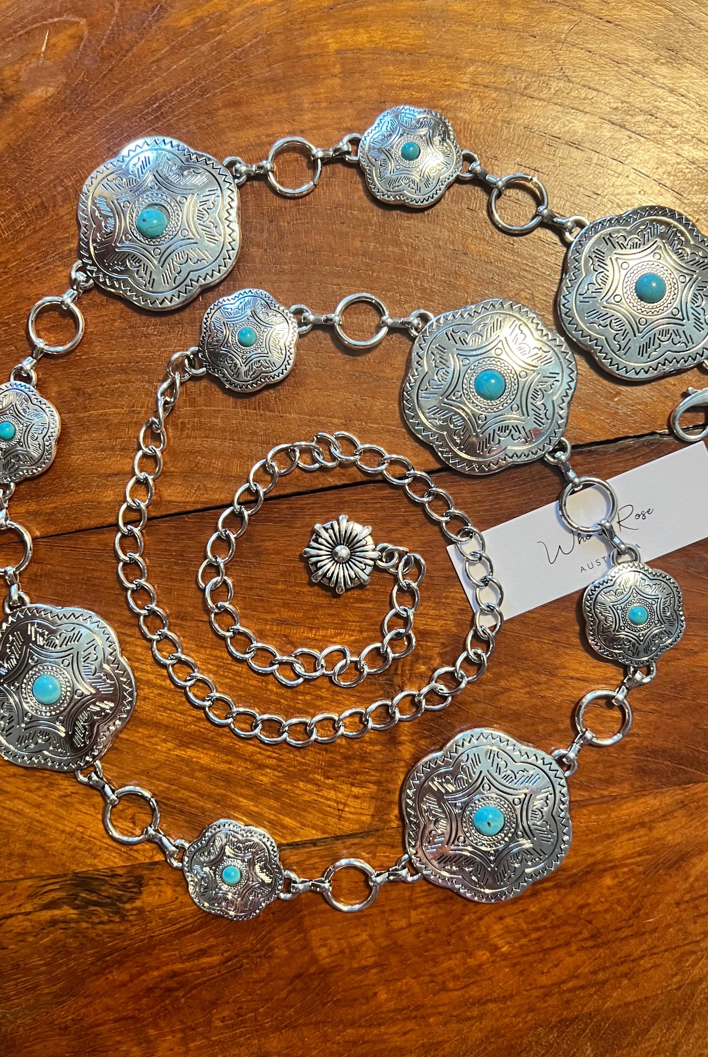 Western festival silver concho chain belt with turquoise stones - boho accessory at Bohemian Love Runway.