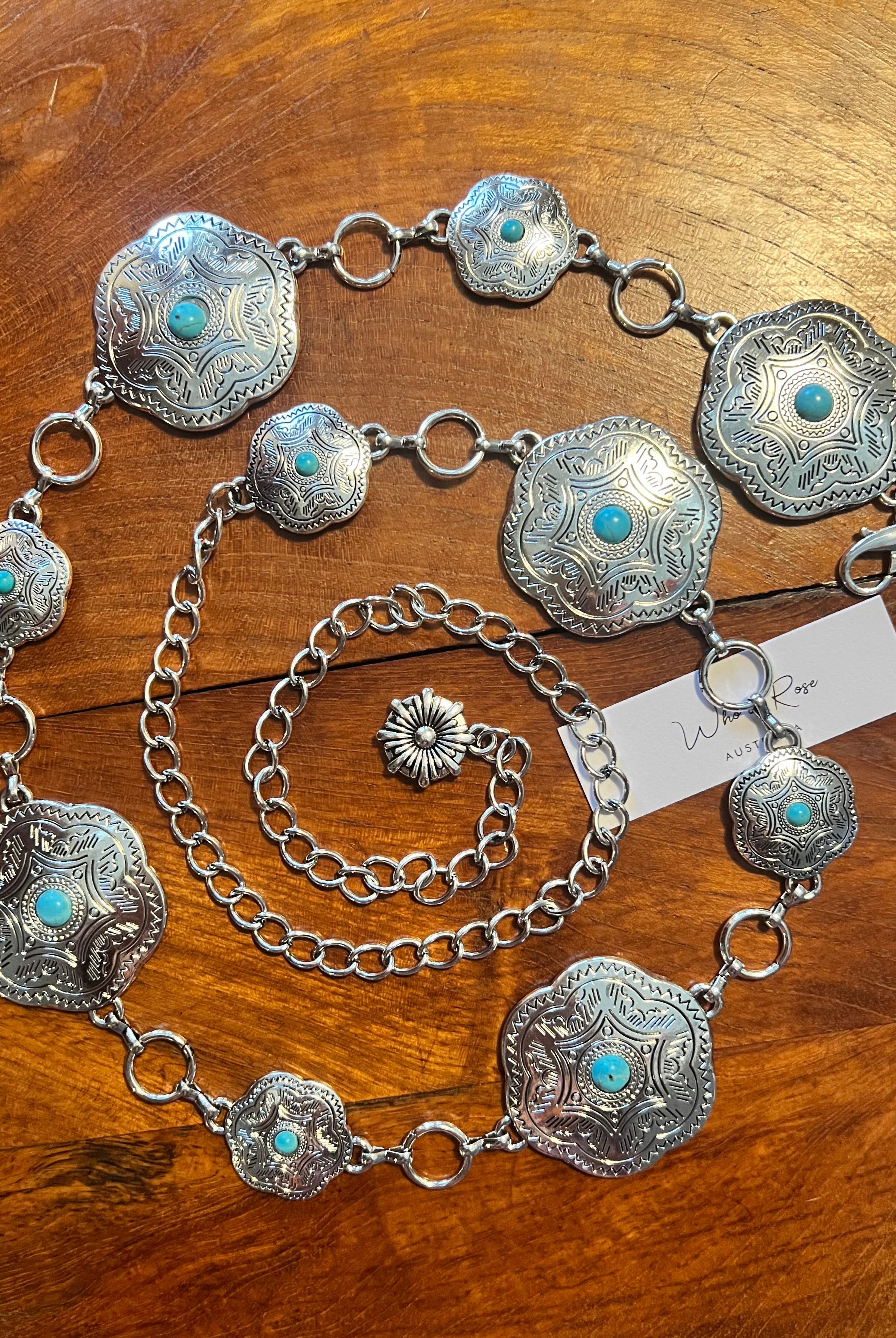Western festival silver concho chain belt with turquoise stones - boho accessory at Bohemian Love Runway.