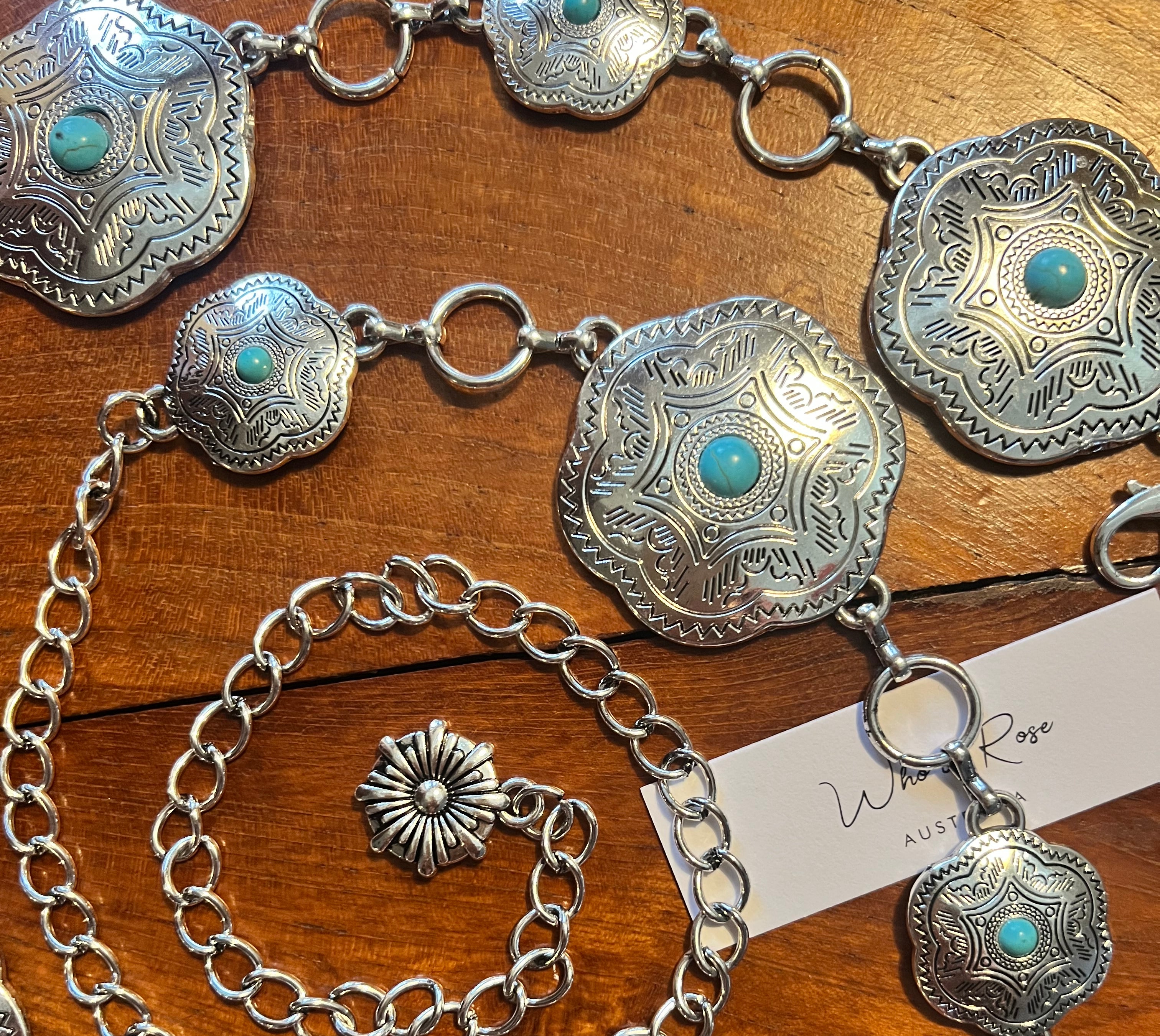Western festival silver concho chain belt with turquoise stones - boho accessory at Bohemian Love Runway.