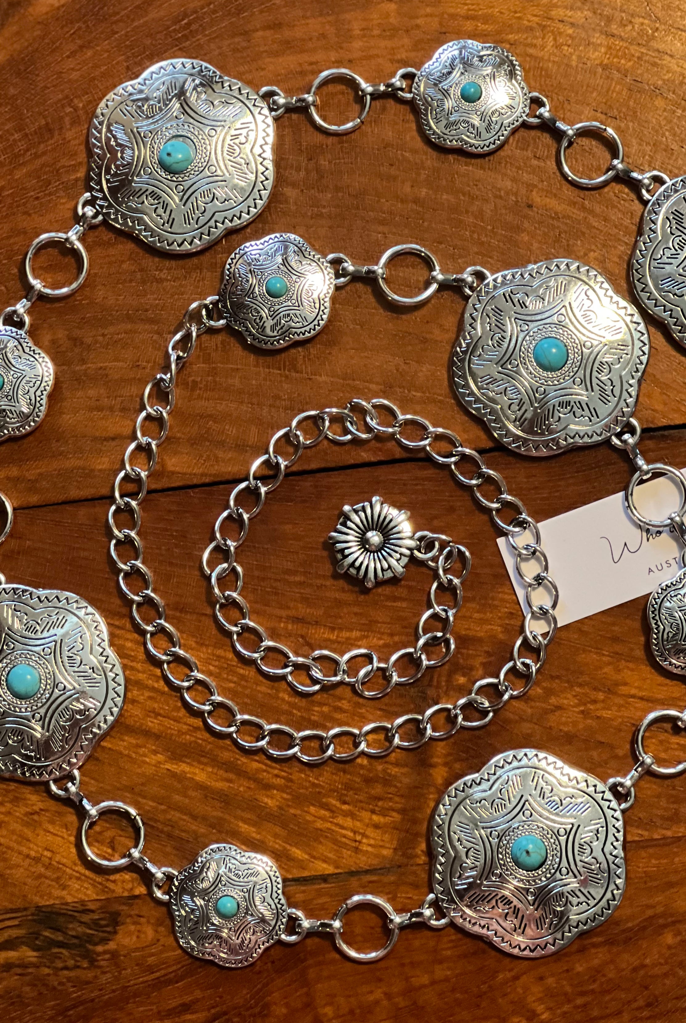 Western festival silver concho chain belt with turquoise stones - boho accessory at Bohemian Love Runway.