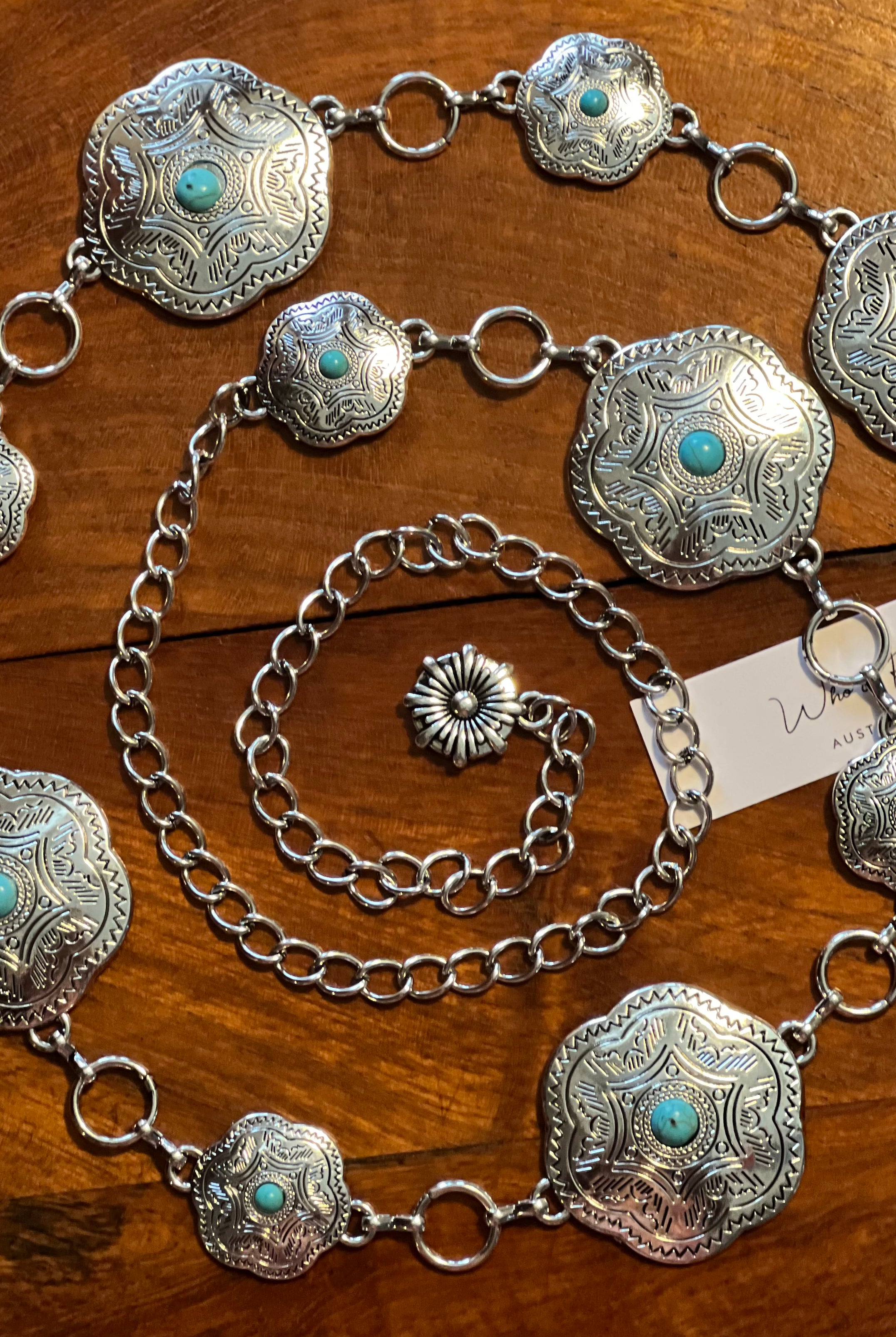Western festival silver concho chain belt with turquoise stones - boho accessory at Bohemian Love Runway.