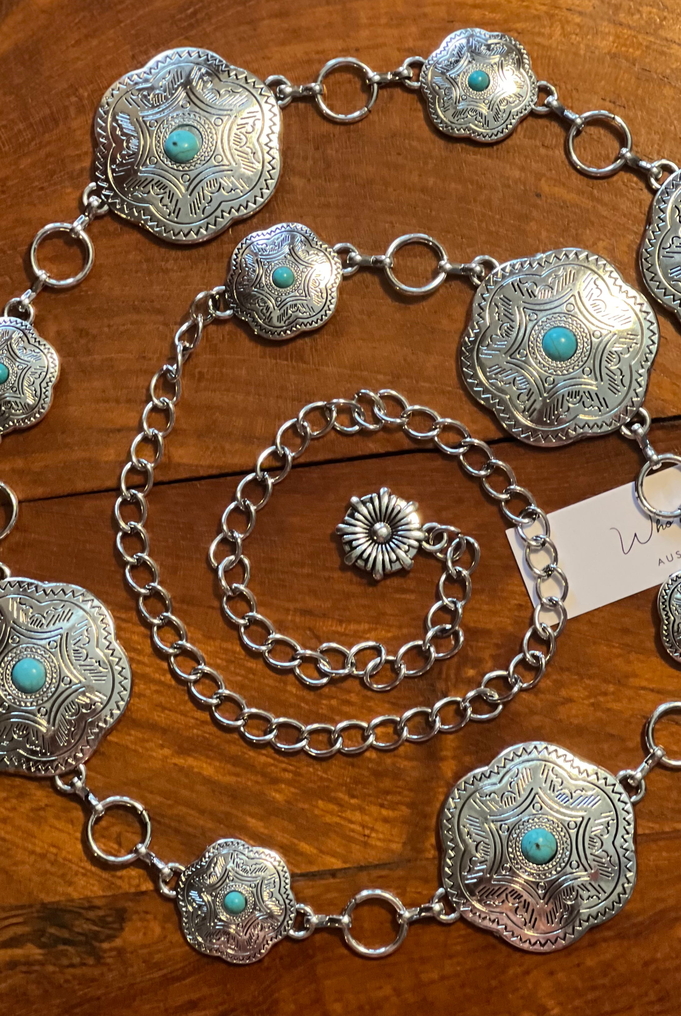 Western festival silver concho chain belt with turquoise stones - boho accessory at Bohemian Love Runway.
