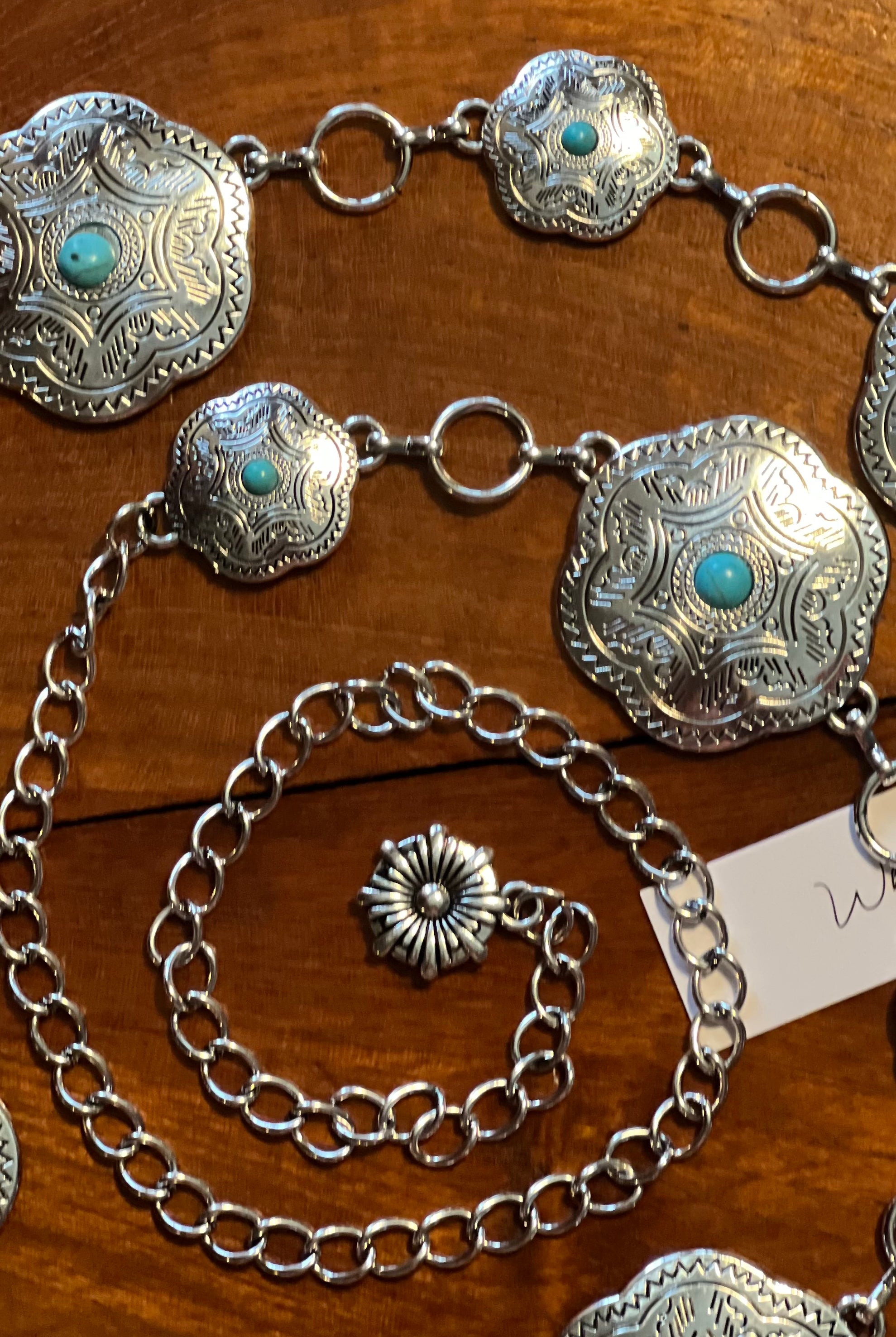 Western festival silver concho chain belt with turquoise stones - boho accessory at Bohemian Love Runway.