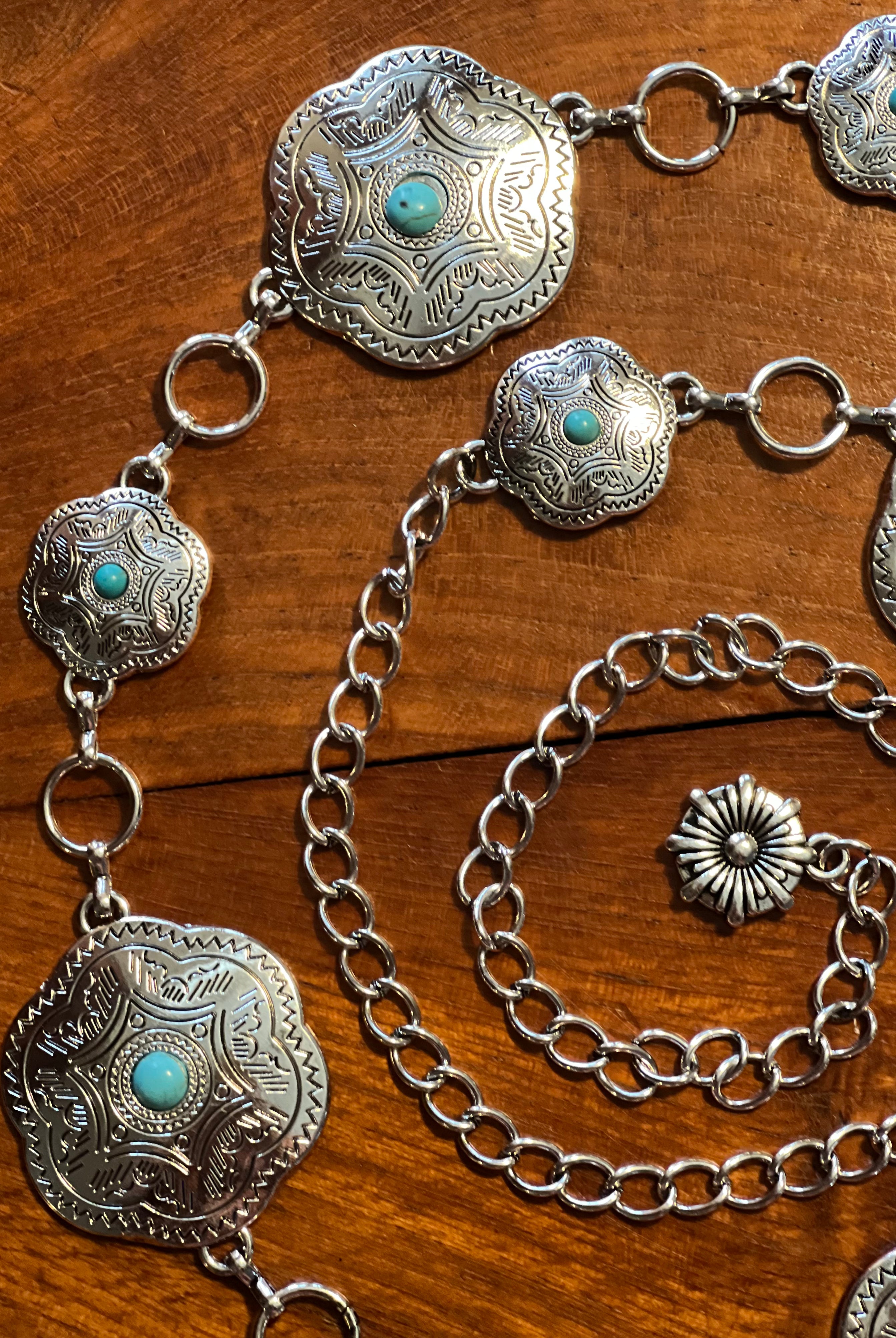 Western festival silver concho chain belt with turquoise stones - boho accessory at Bohemian Love Runway.
