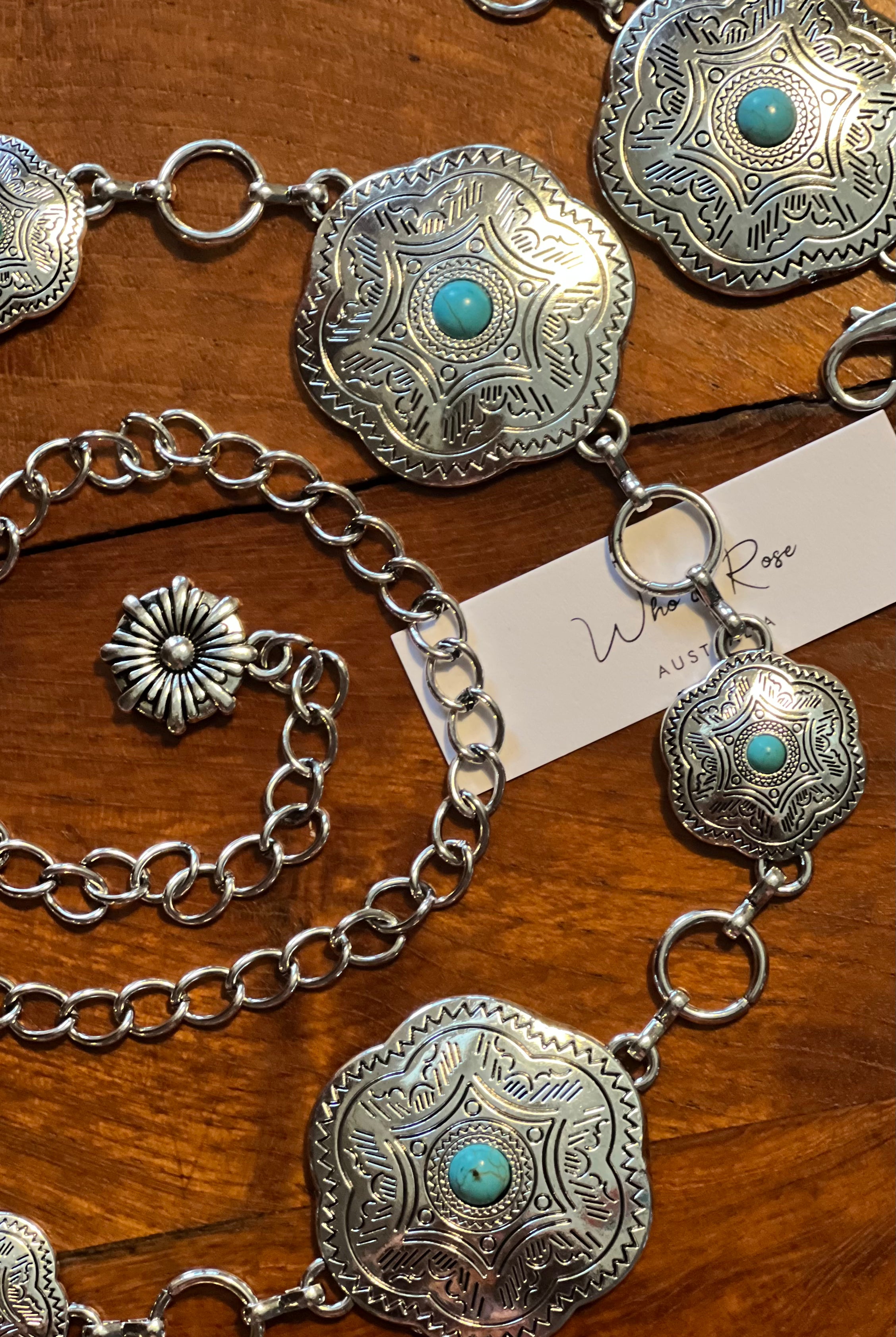 Western festival silver concho chain belt with turquoise stones - boho accessory at Bohemian Love Runway.