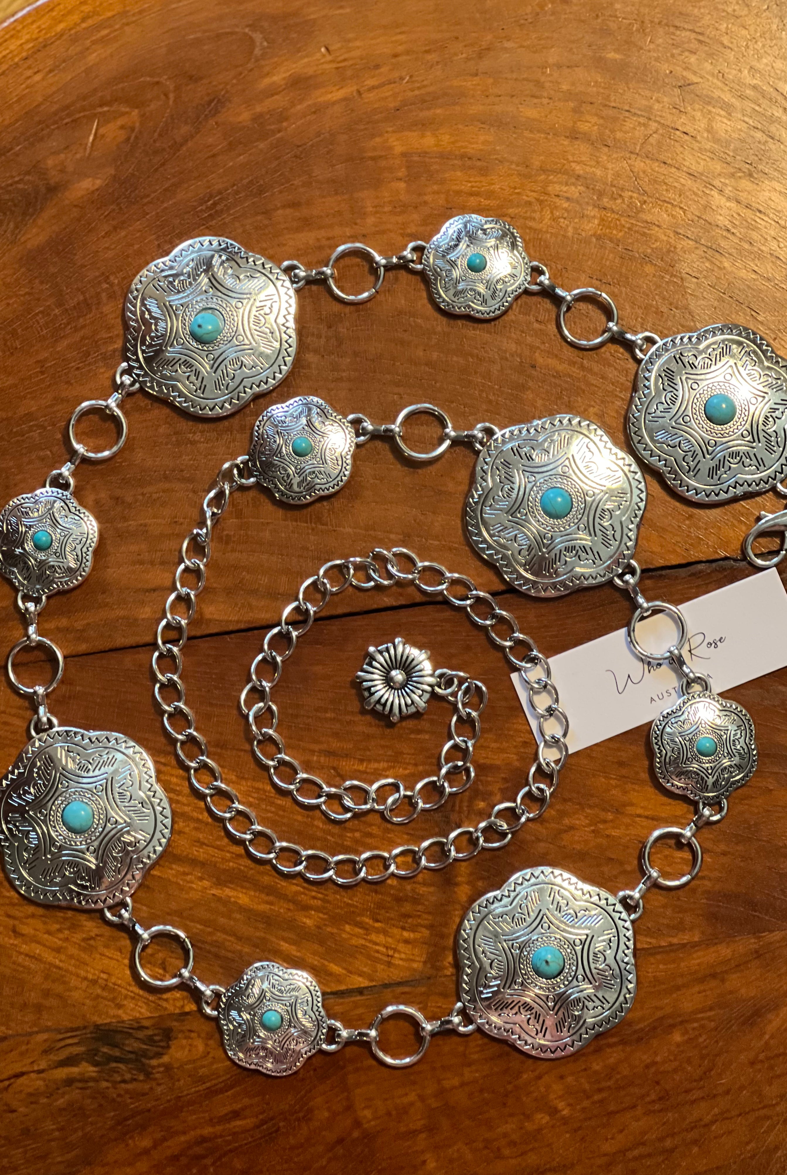 Western festival silver concho chain belt with turquoise stones - boho accessory at Bohemian Love Runway.