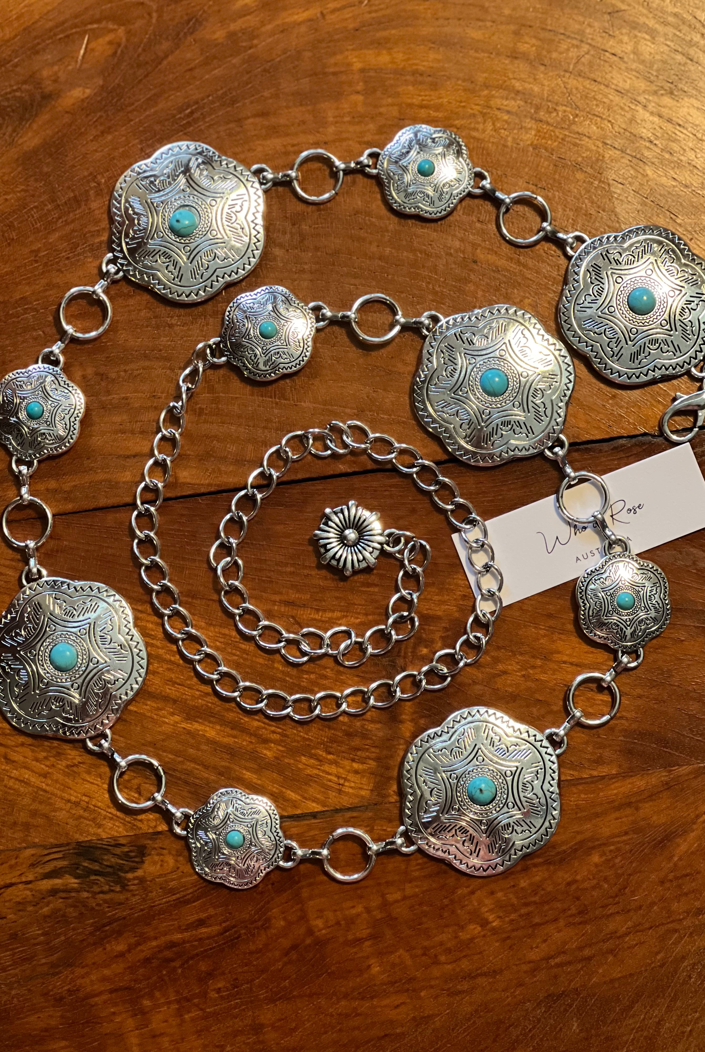 Western festival silver concho chain belt with turquoise stones - boho accessory at Bohemian Love Runway.