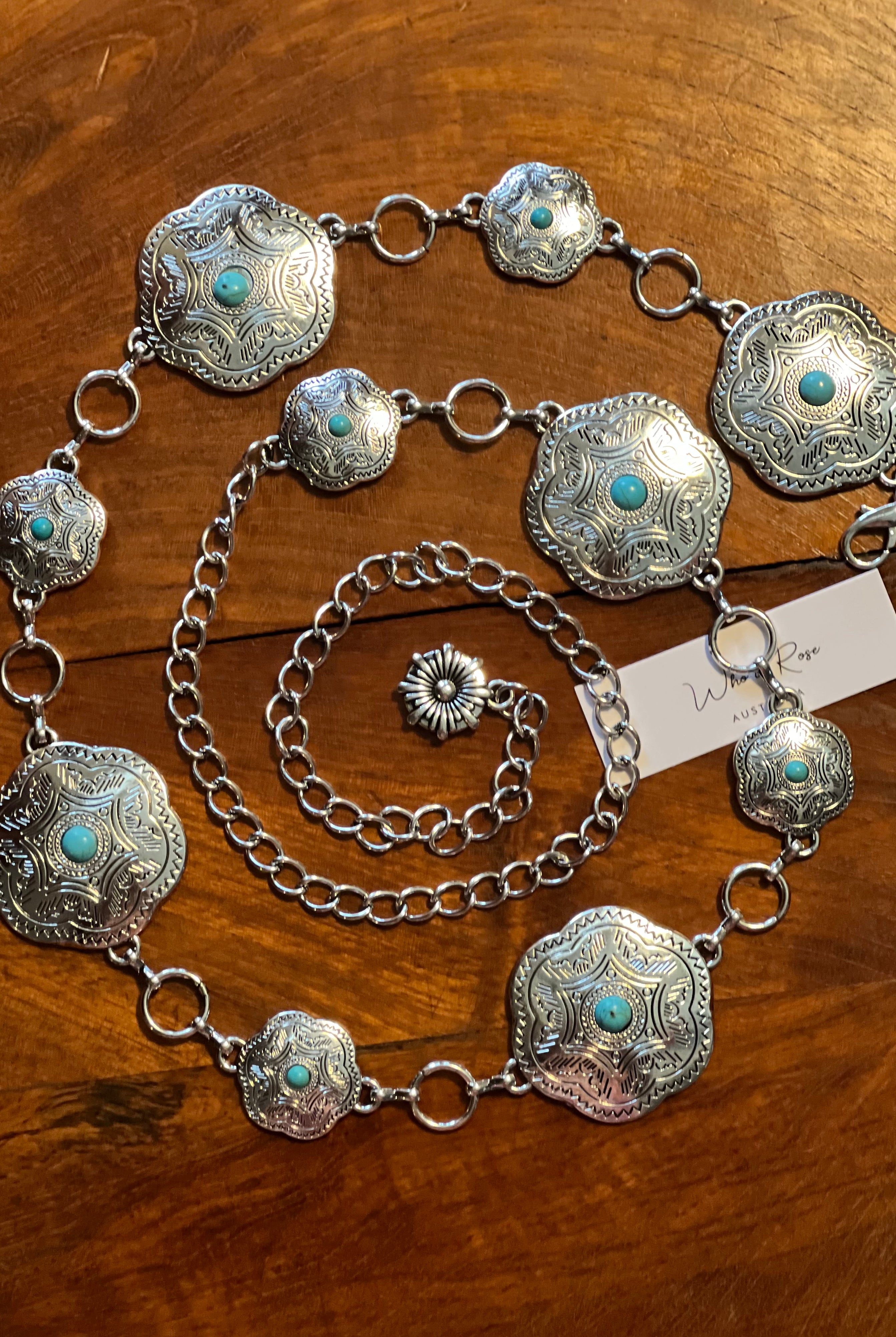 Western festival silver concho chain belt with turquoise stones - boho accessory at Bohemian Love Runway.