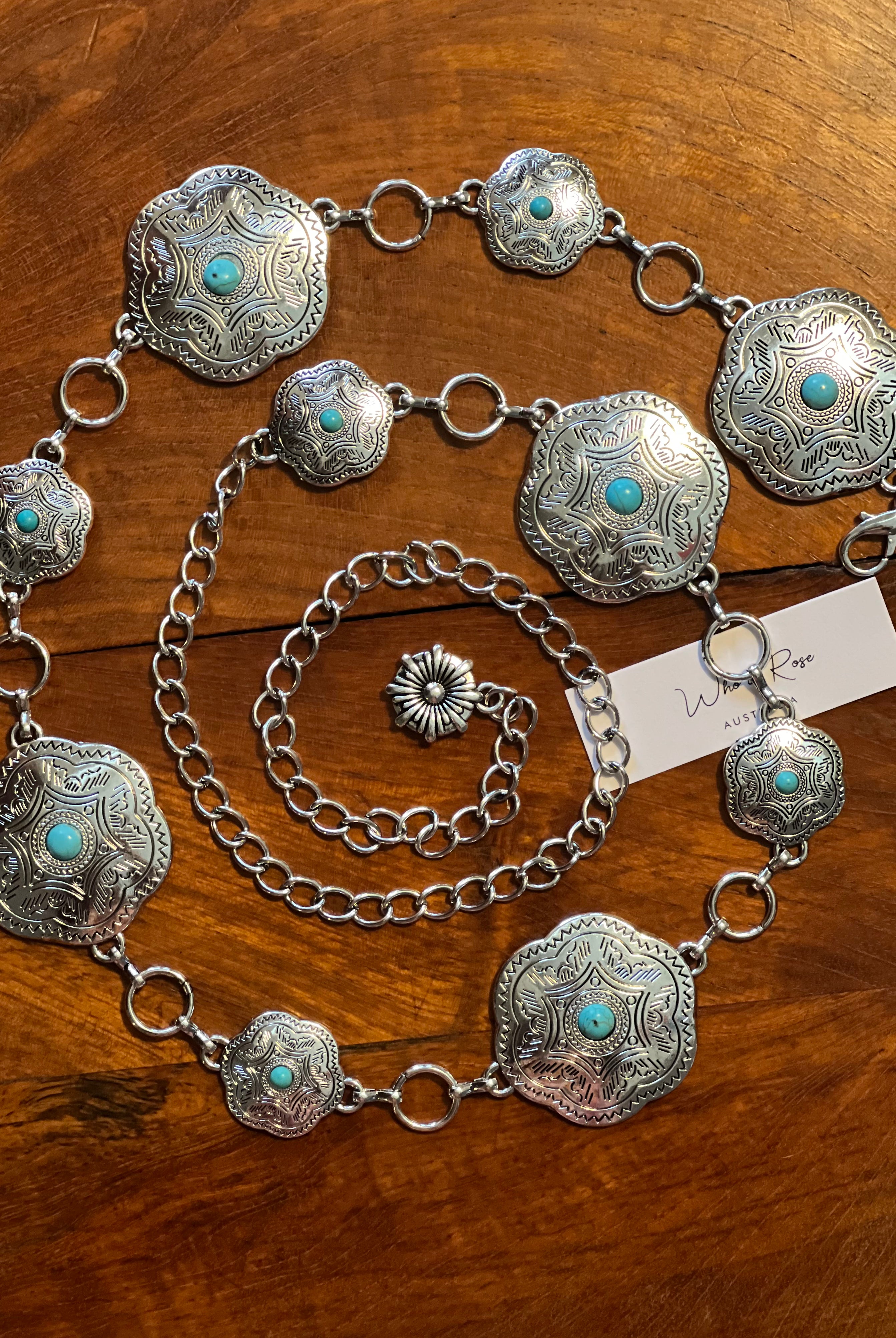 Western festival silver concho chain belt with turquoise stones - boho accessory at Bohemian Love Runway.