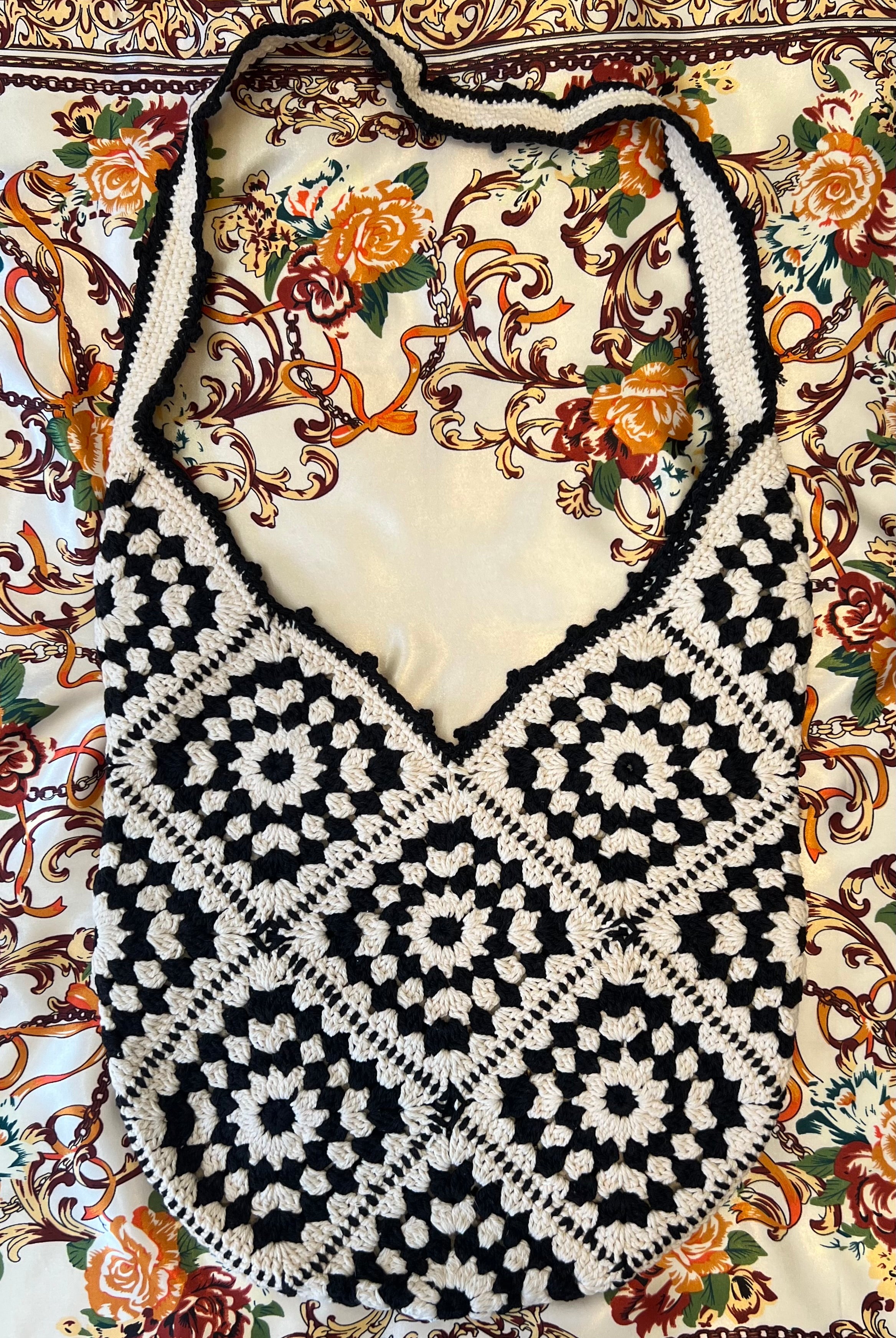 Handmade black and cream hand-stitched square crochet market bag - Moonflower Crochet Market Bag by Bohemian Love Runway.