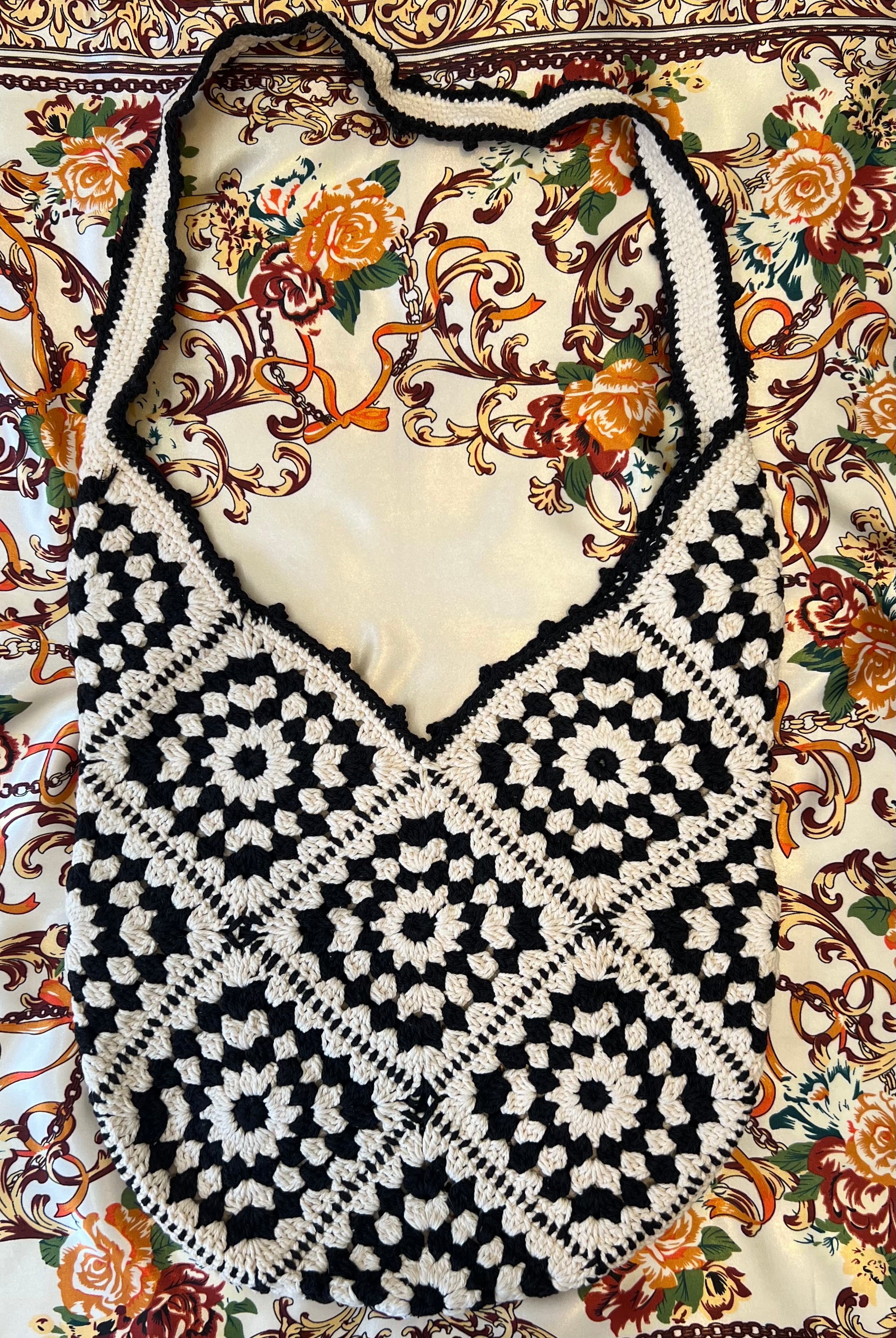 Handmade black and cream hand-stitched square crochet market bag - Moonflower Crochet Market Bag by Bohemian Love Runway.