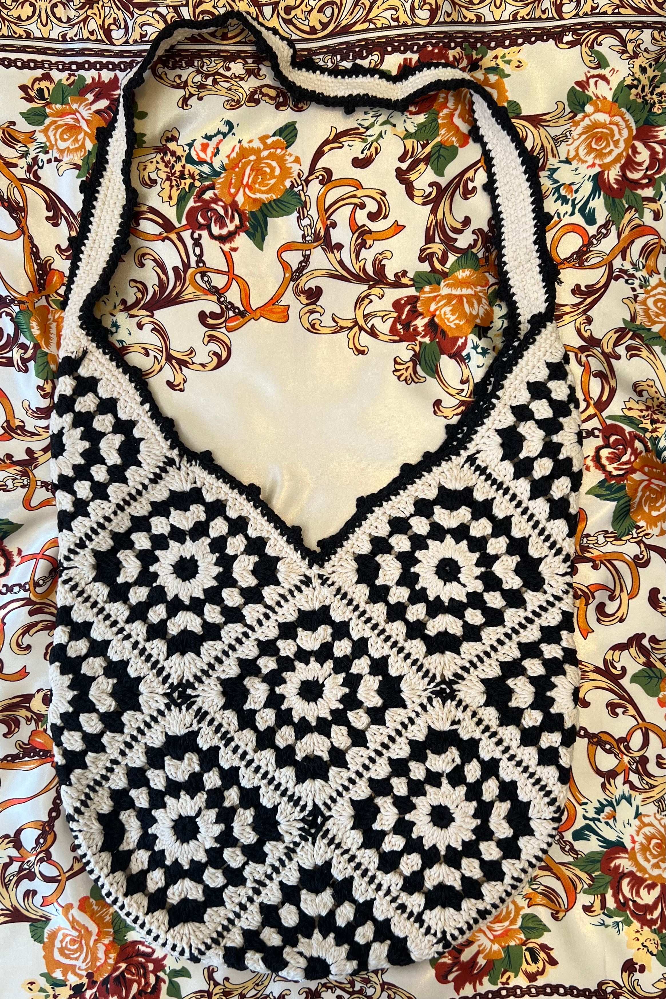 Handmade black and cream hand-stitched square crochet market bag - Moonflower Crochet Market Bag by Bohemian Love Runway.