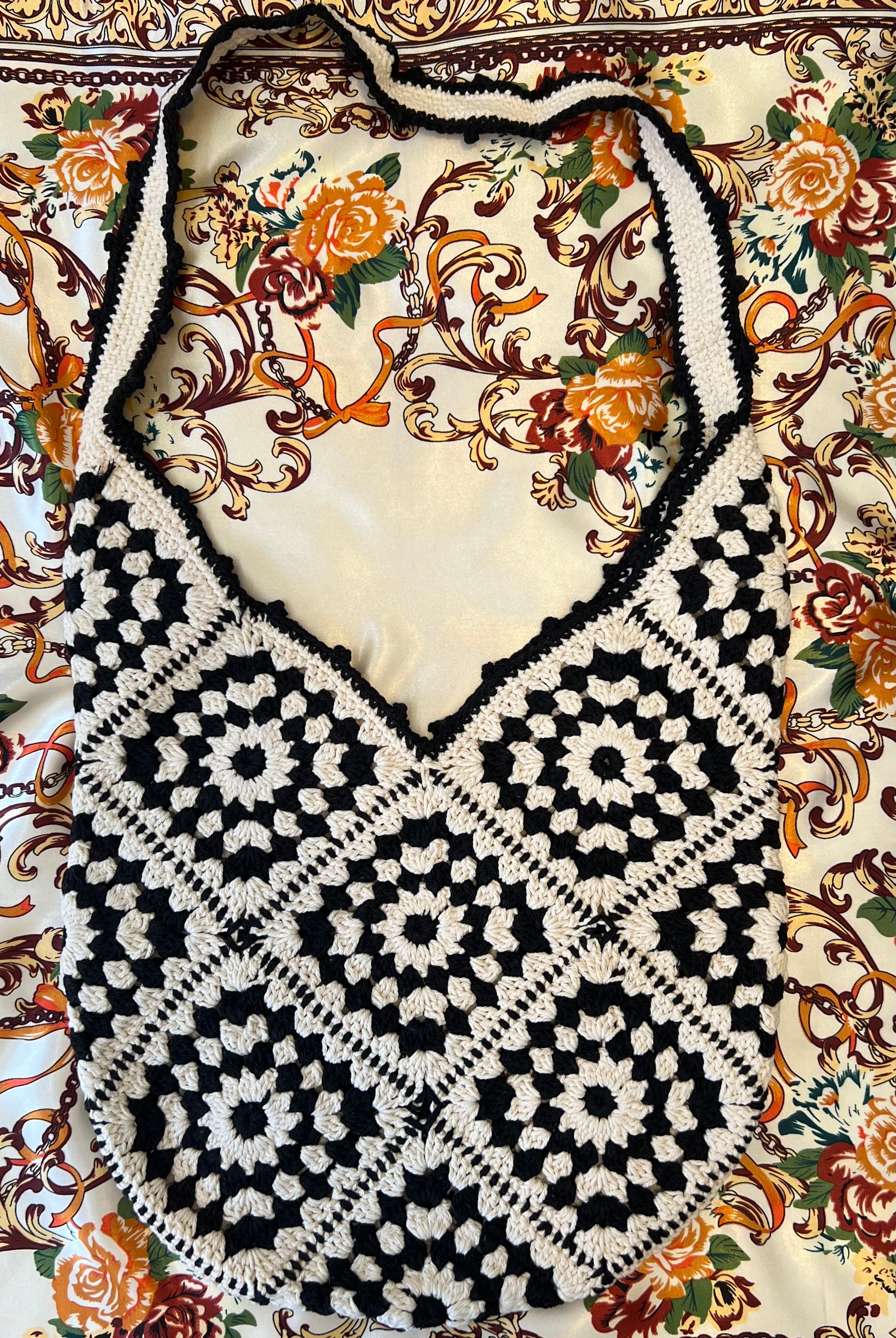 Handmade black and cream hand-stitched square crochet market bag - Moonflower Crochet Market Bag by Bohemian Love Runway.