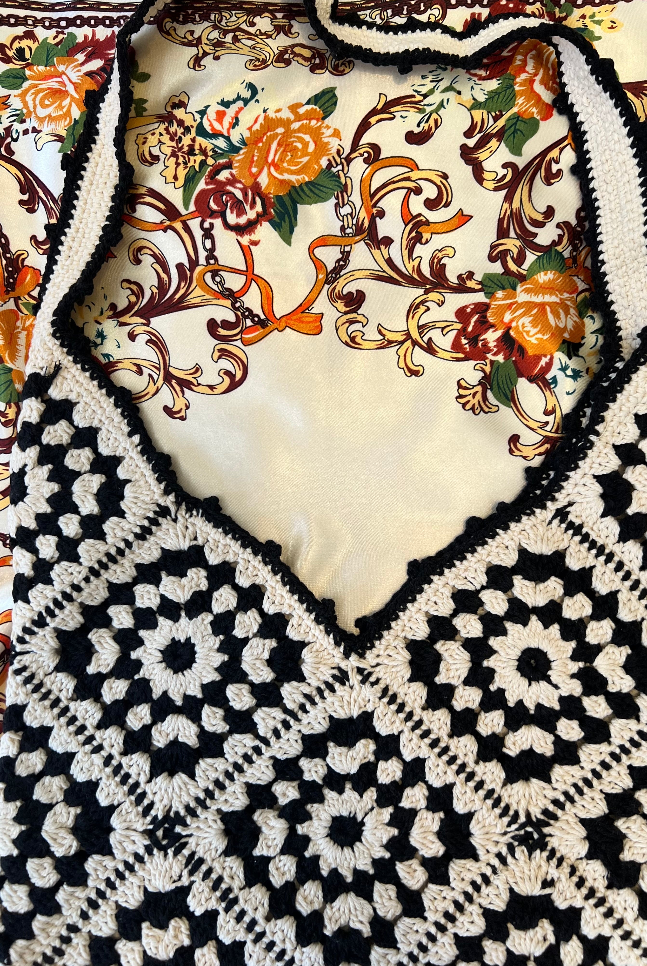 Handmade black and cream hand-stitched square crochet market bag - Moonflower Crochet Market Bag by Bohemian Love Runway.