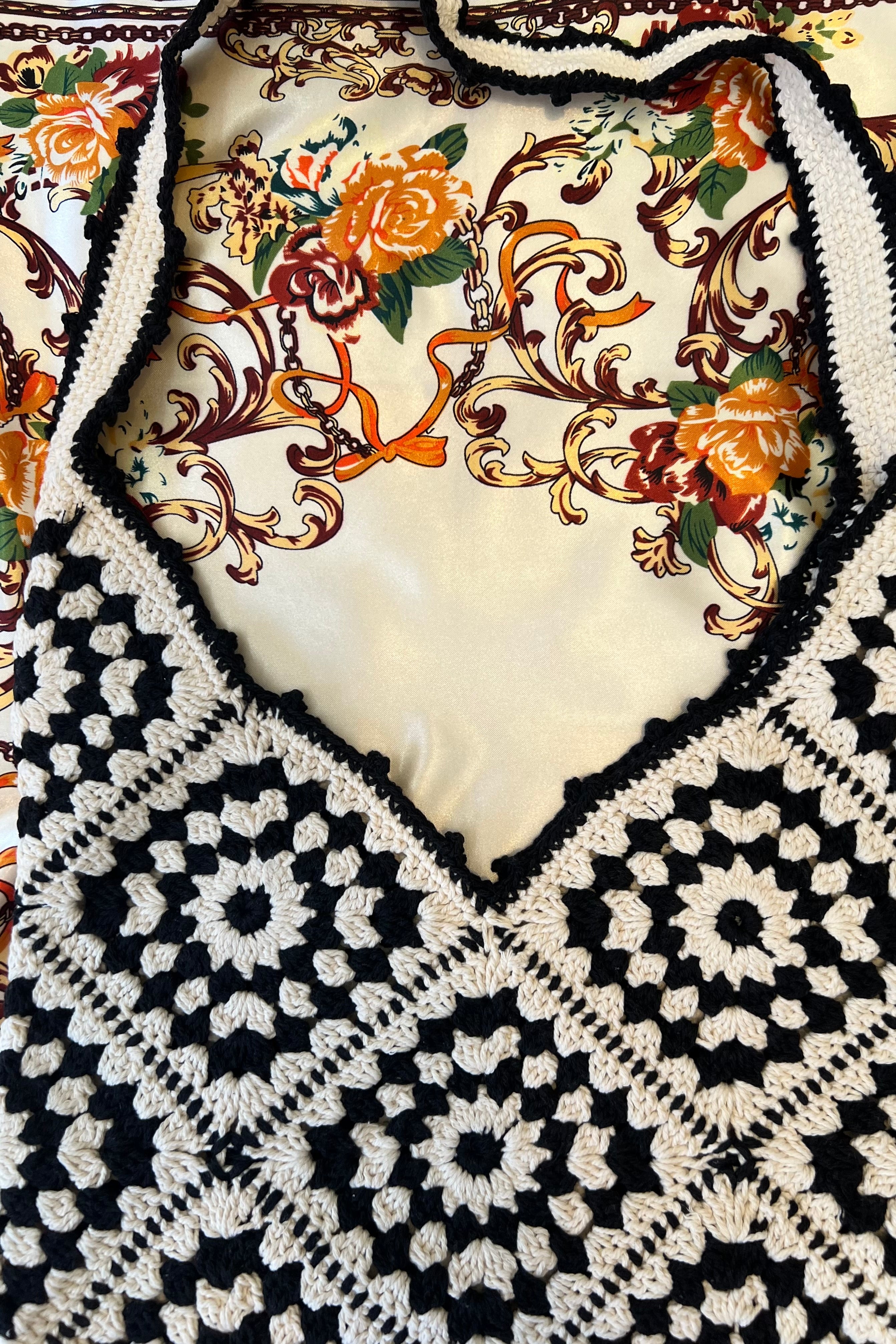 Handmade black and cream hand-stitched square crochet market bag - Moonflower Crochet Market Bag by Bohemian Love Runway.
