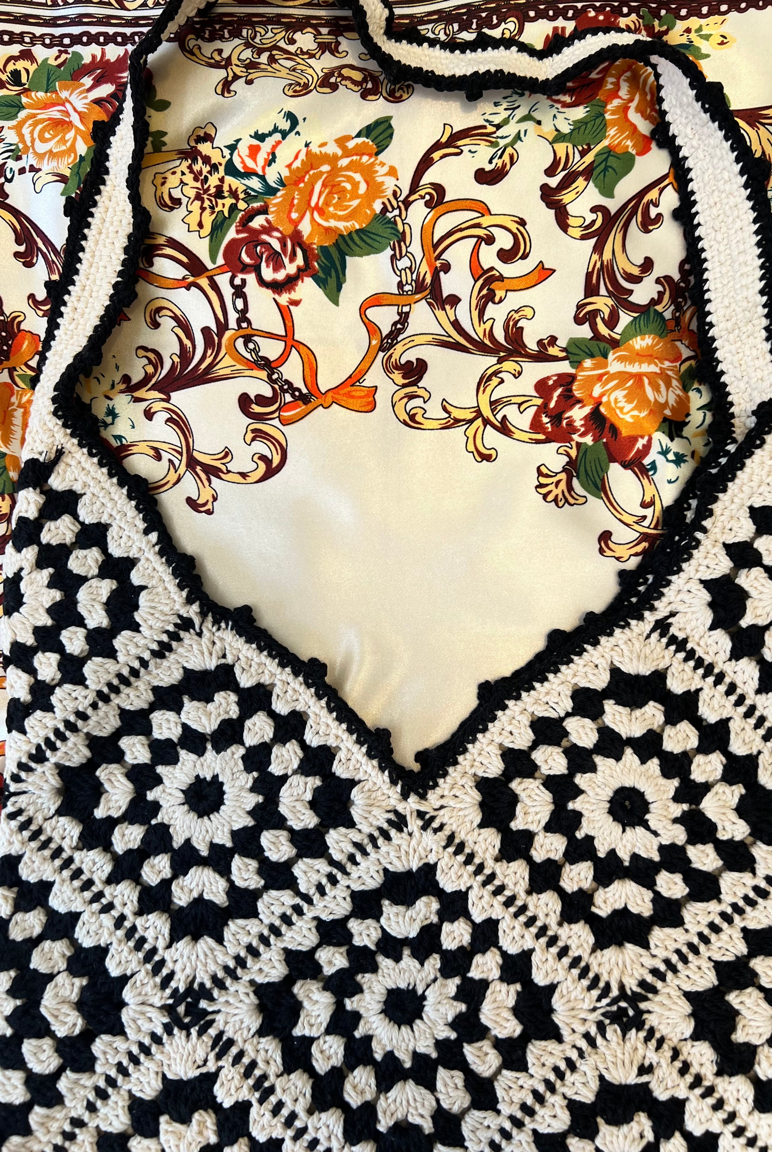 Handmade black and cream hand-stitched square crochet market bag - Moonflower Crochet Market Bag by Bohemian Love Runway.