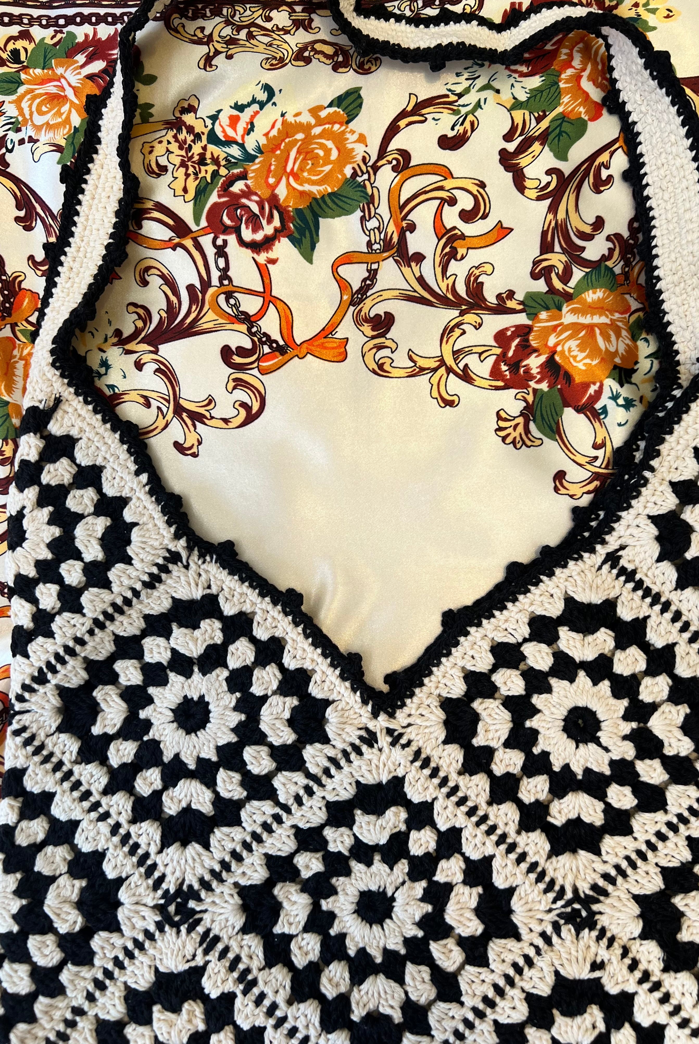 Handmade black and cream hand-stitched square crochet market bag - Moonflower Crochet Market Bag by Bohemian Love Runway.