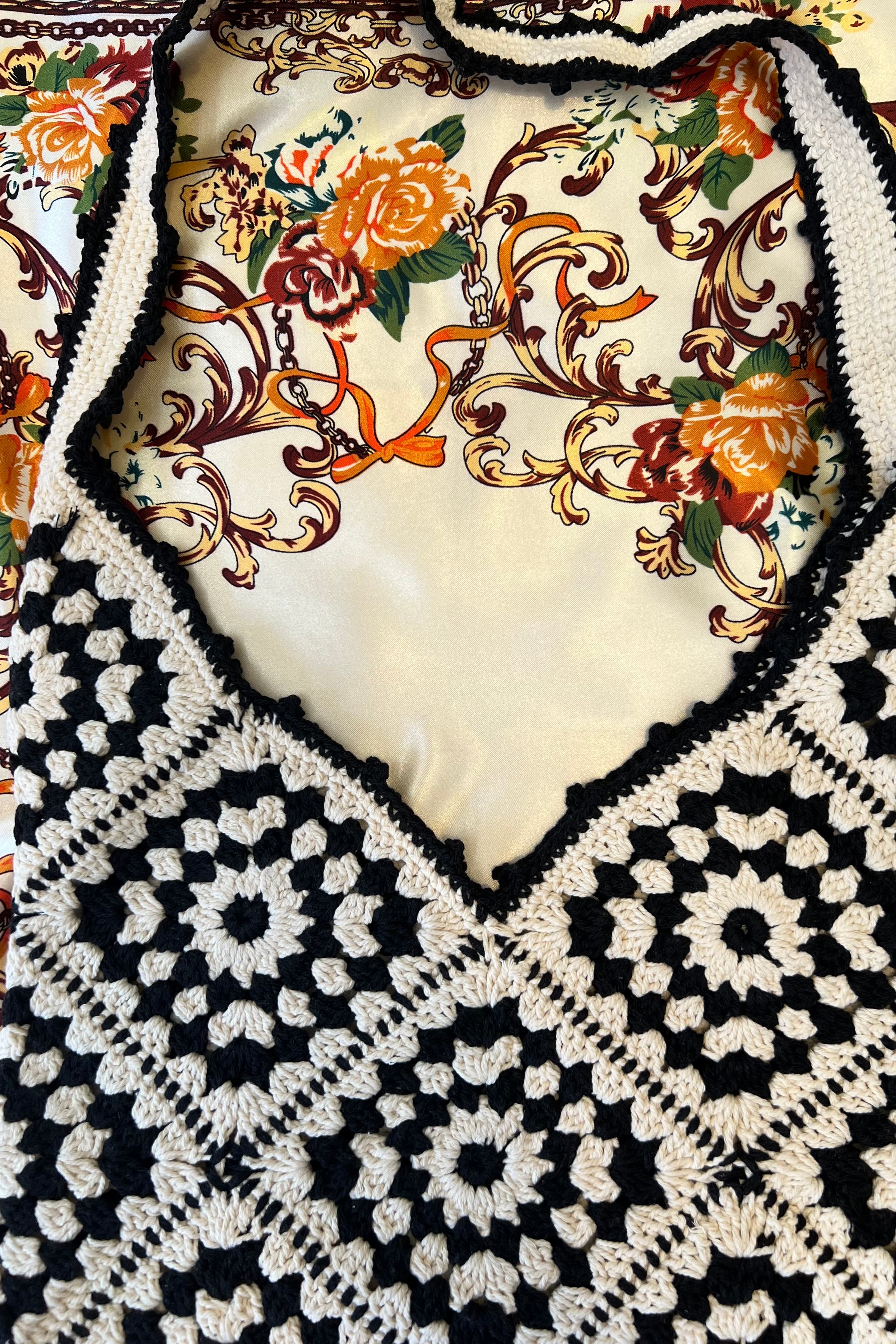 Handmade black and cream hand-stitched square crochet market bag - Moonflower Crochet Market Bag by Bohemian Love Runway.