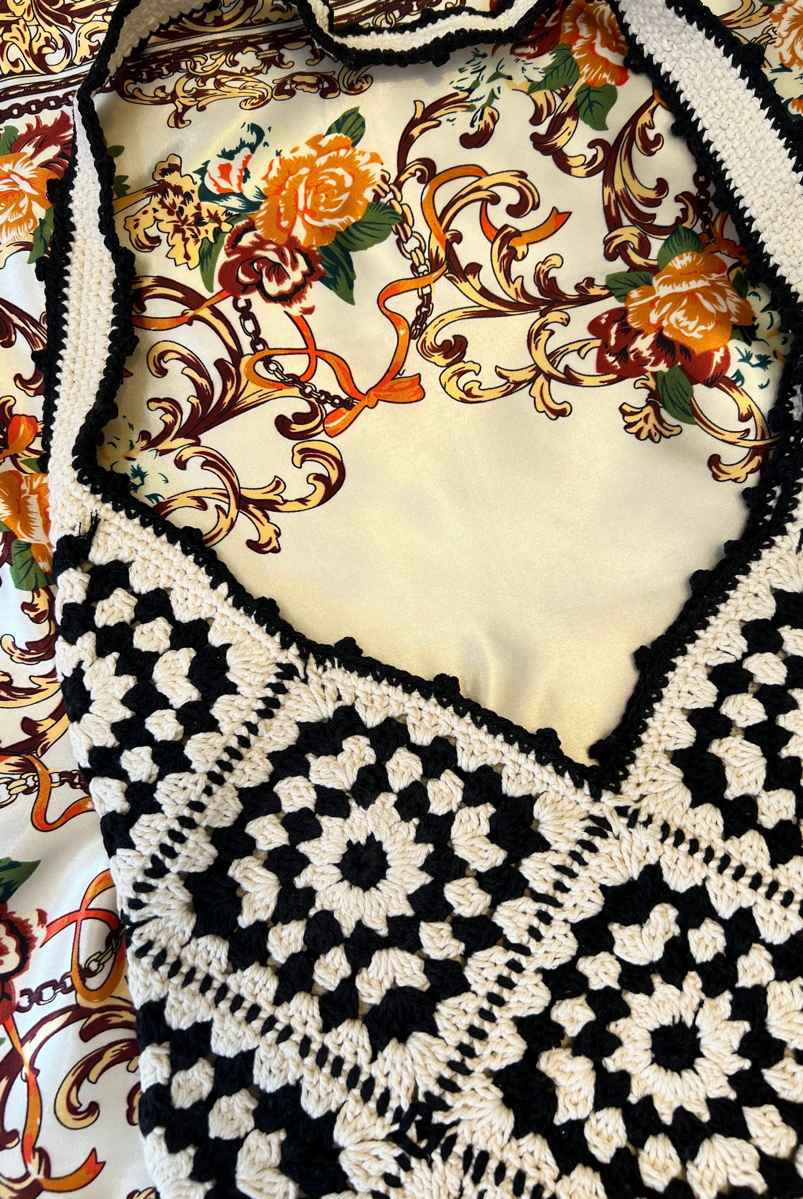 Handmade black and cream hand-stitched square crochet market bag - Moonflower Crochet Market Bag by Bohemian Love Runway.