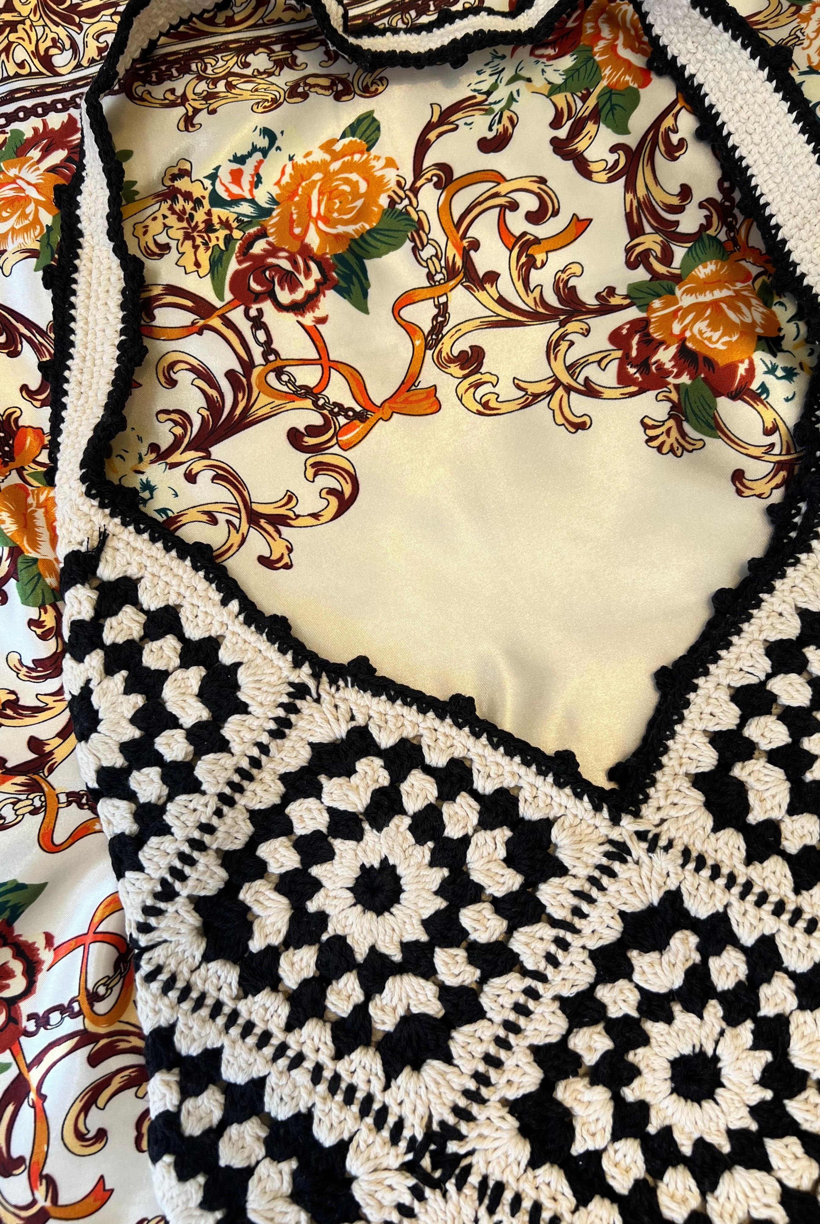 Handmade black and cream hand-stitched square crochet market bag - Moonflower Crochet Market Bag by Bohemian Love Runway.