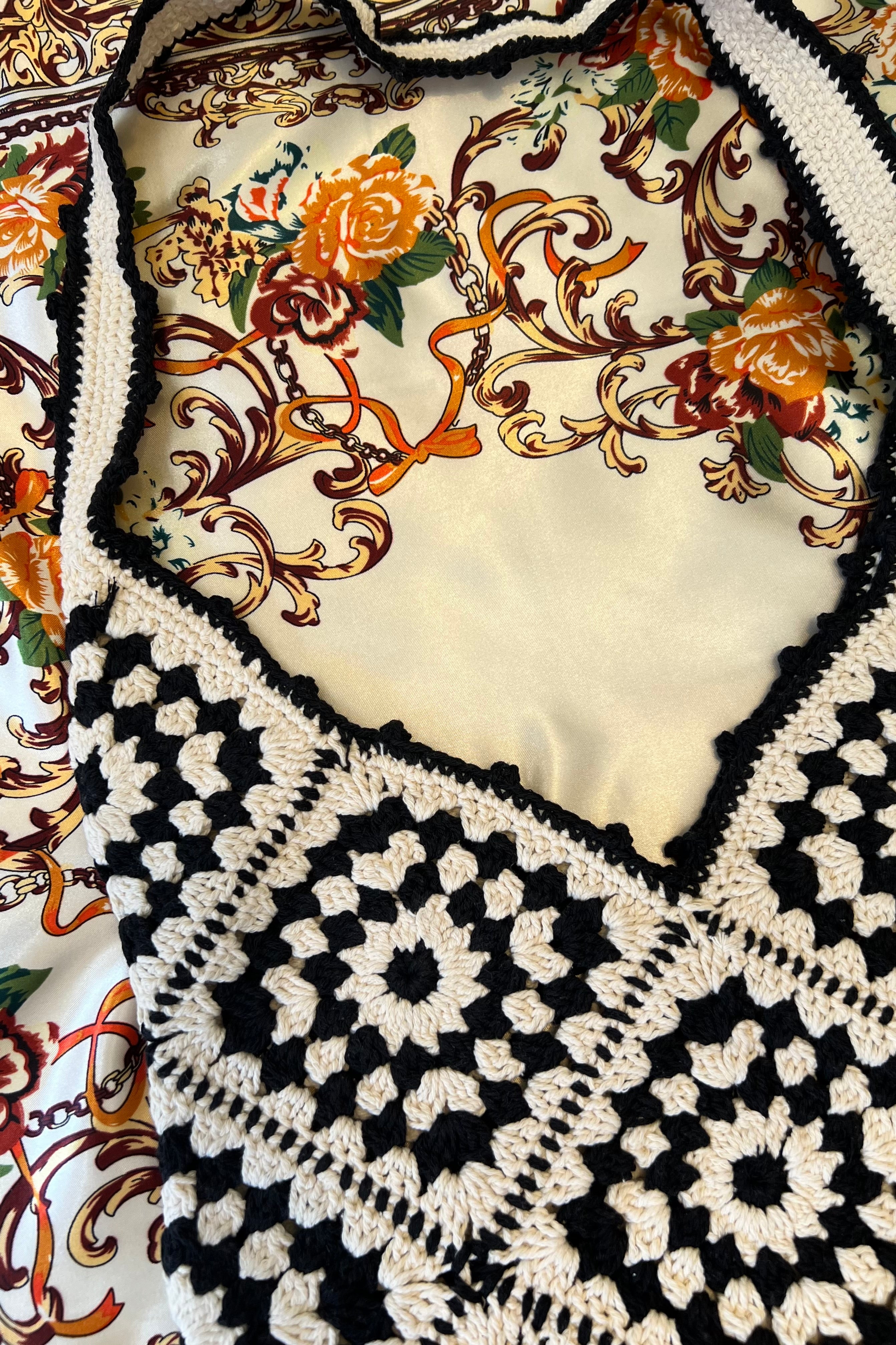 Handmade black and cream hand-stitched square crochet market bag - Moonflower Crochet Market Bag by Bohemian Love Runway.