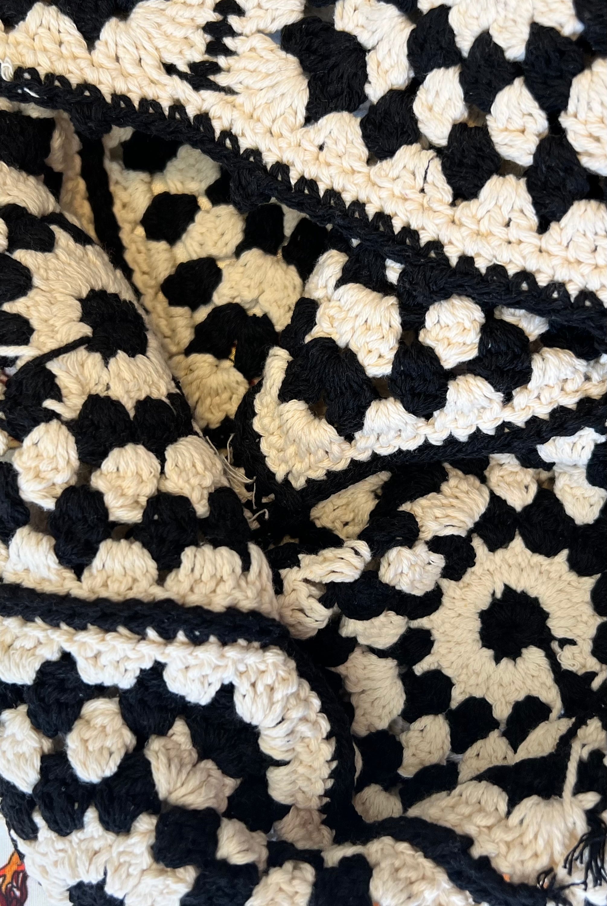 Handmade black and cream hand-stitched square crochet market bag - Moonflower Crochet Market Bag by Bohemian Love Runway.