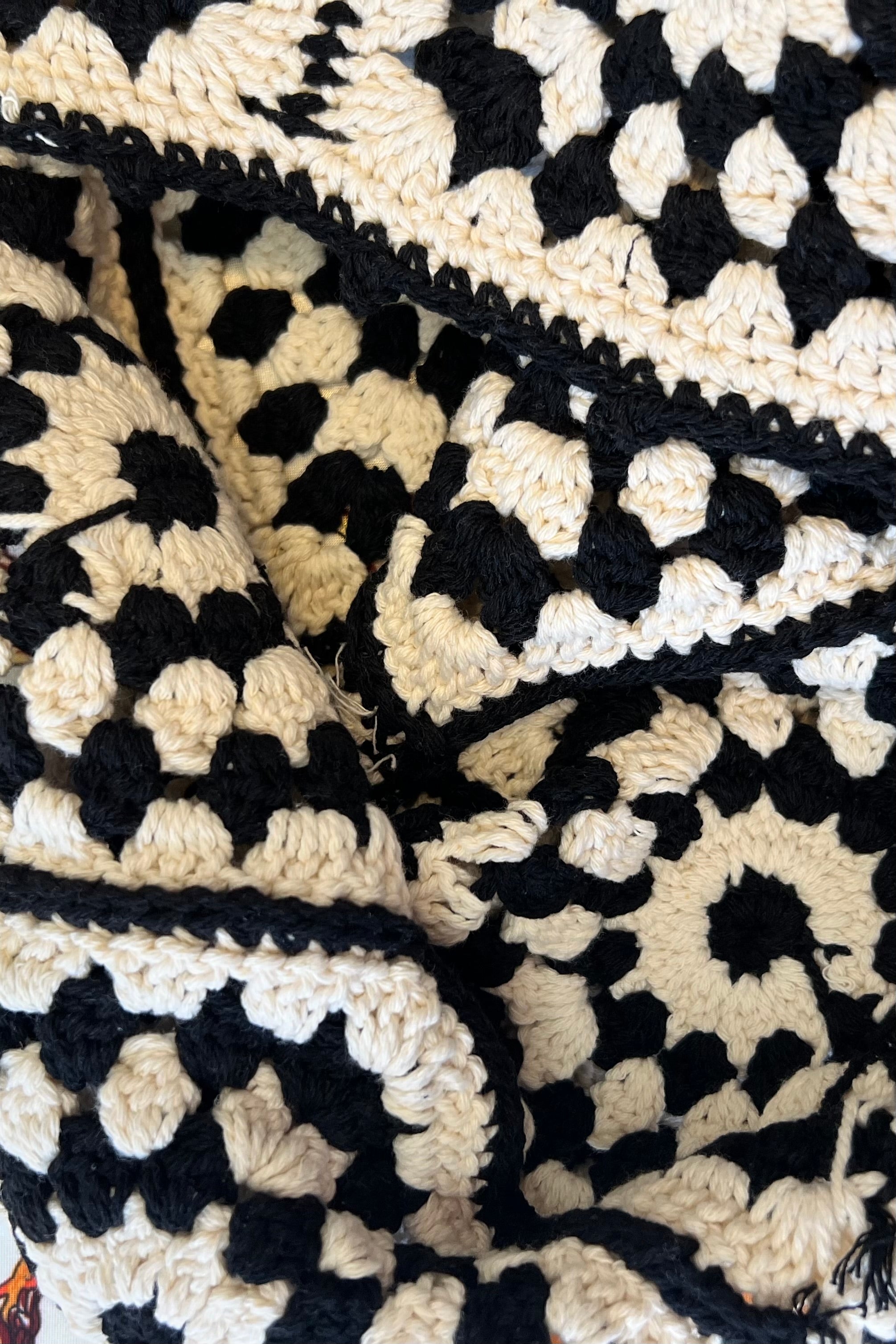 Handmade black and cream hand-stitched square crochet market bag - Moonflower Crochet Market Bag by Bohemian Love Runway.