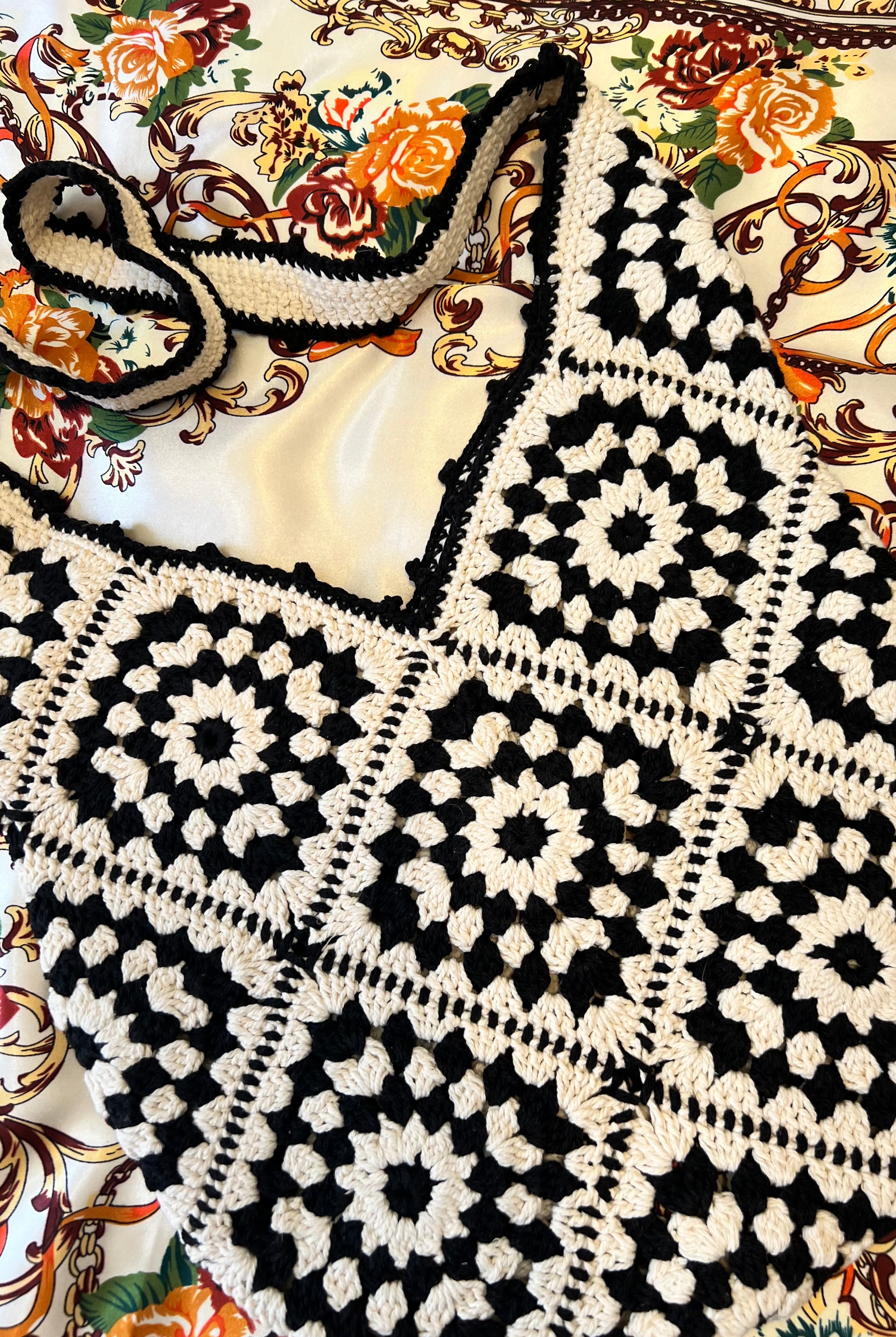 Handmade black and cream hand-stitched square crochet market bag - Moonflower Crochet Market Bag by Bohemian Love Runway.