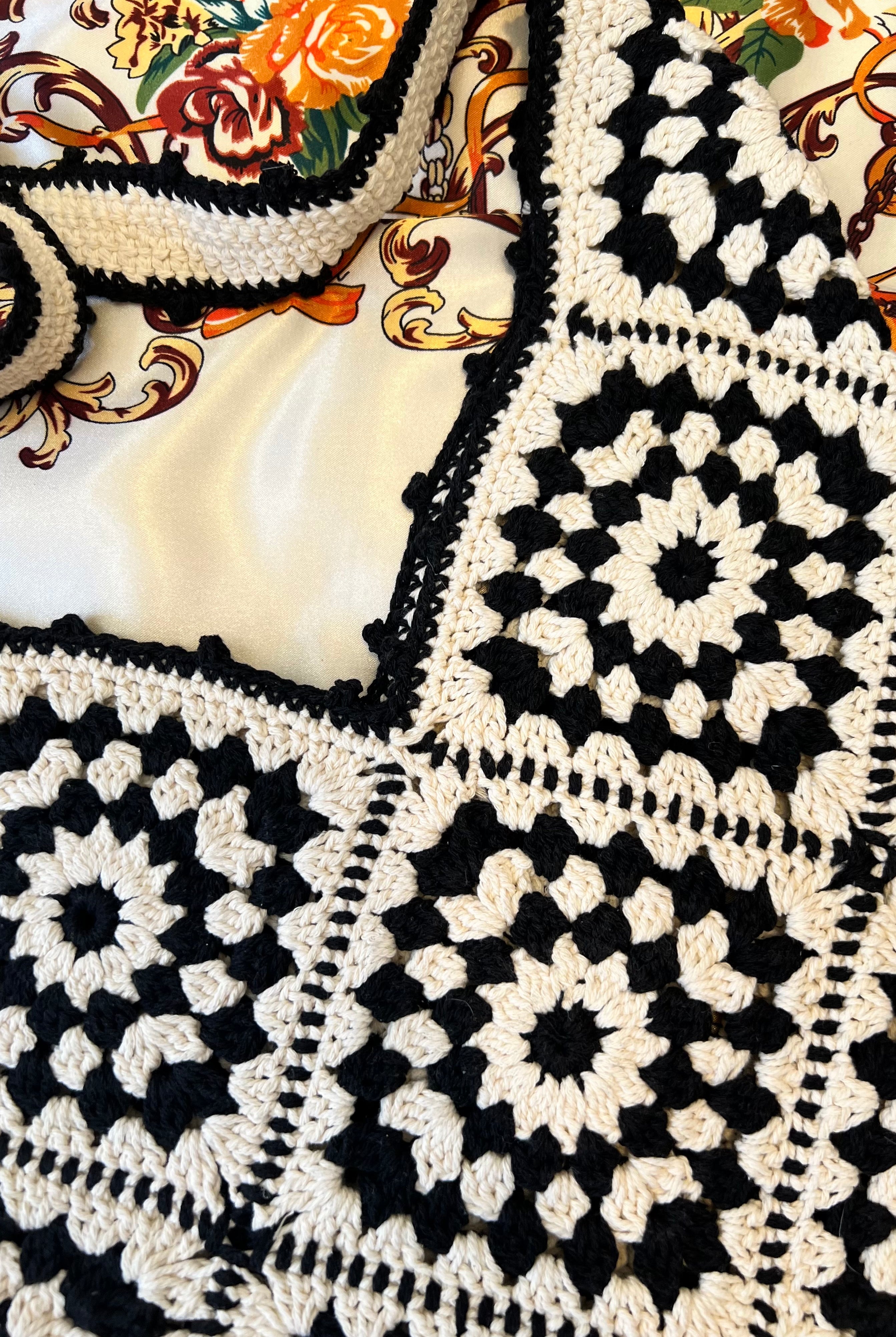 Handmade black and cream hand-stitched square crochet market bag - Moonflower Crochet Market Bag by Bohemian Love Runway.