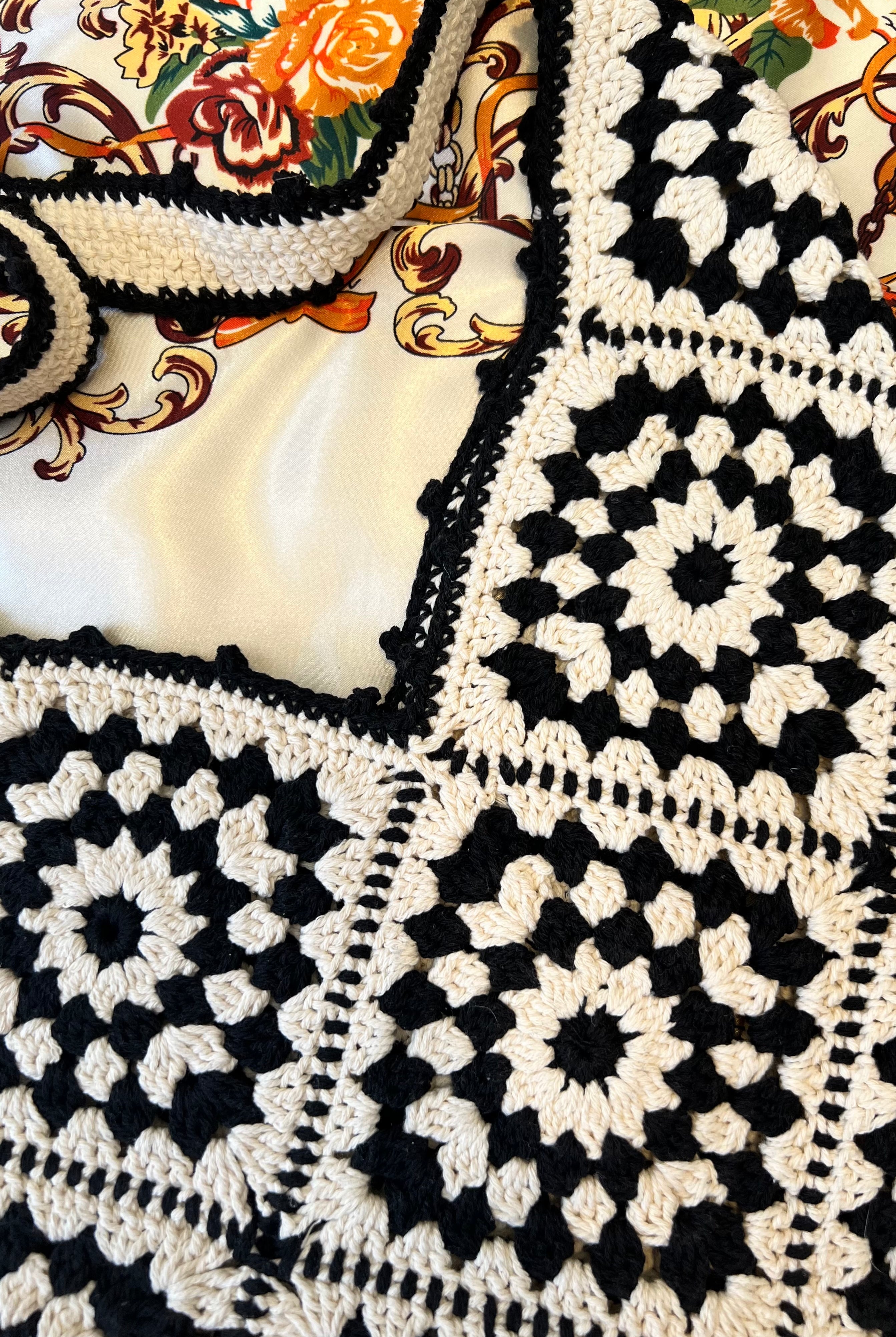 Handmade black and cream hand-stitched square crochet market bag - Moonflower Crochet Market Bag by Bohemian Love Runway.