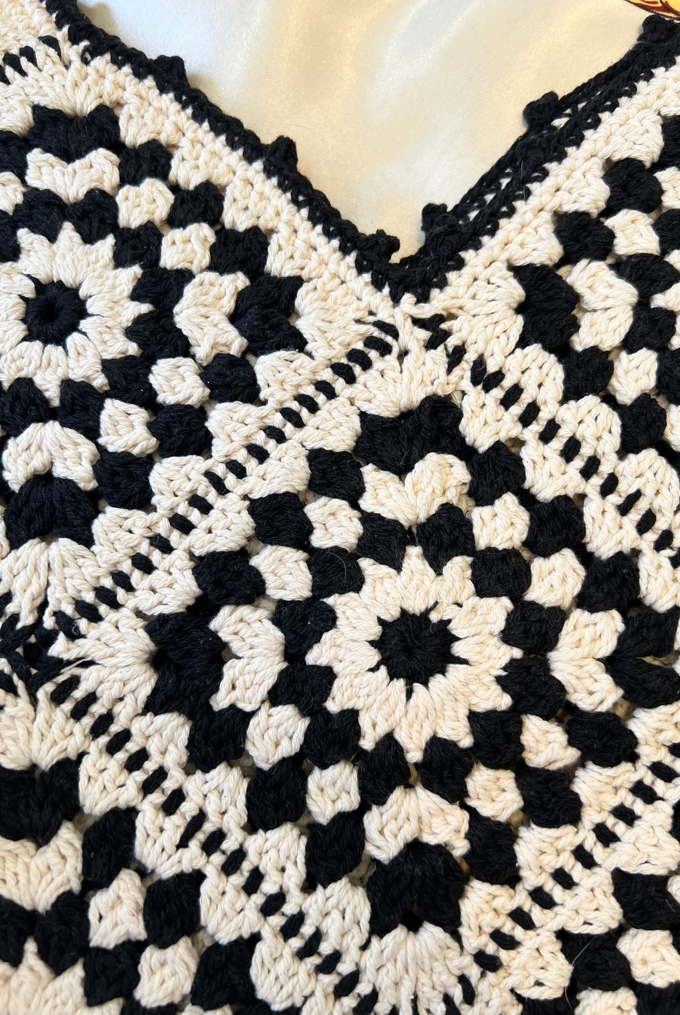 Handmade black and cream hand-stitched square crochet market bag - Moonflower Crochet Market Bag by Bohemian Love Runway.