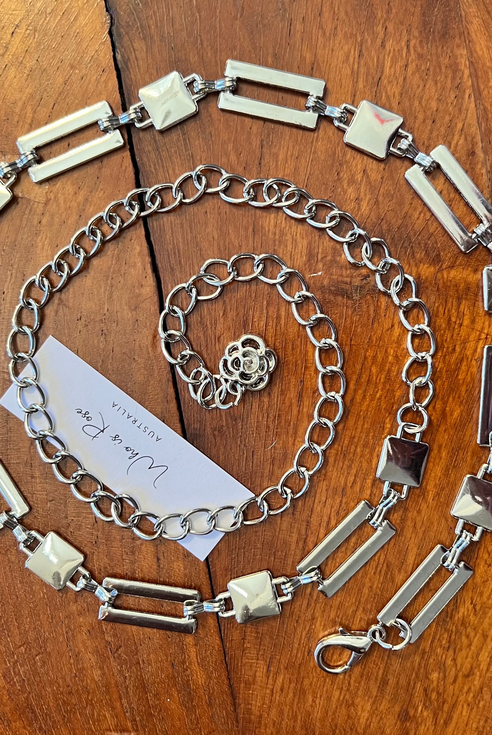 Silver geometric link chain belt with rose charm - boho luxe wist accessory from Who is Rose Australia.
