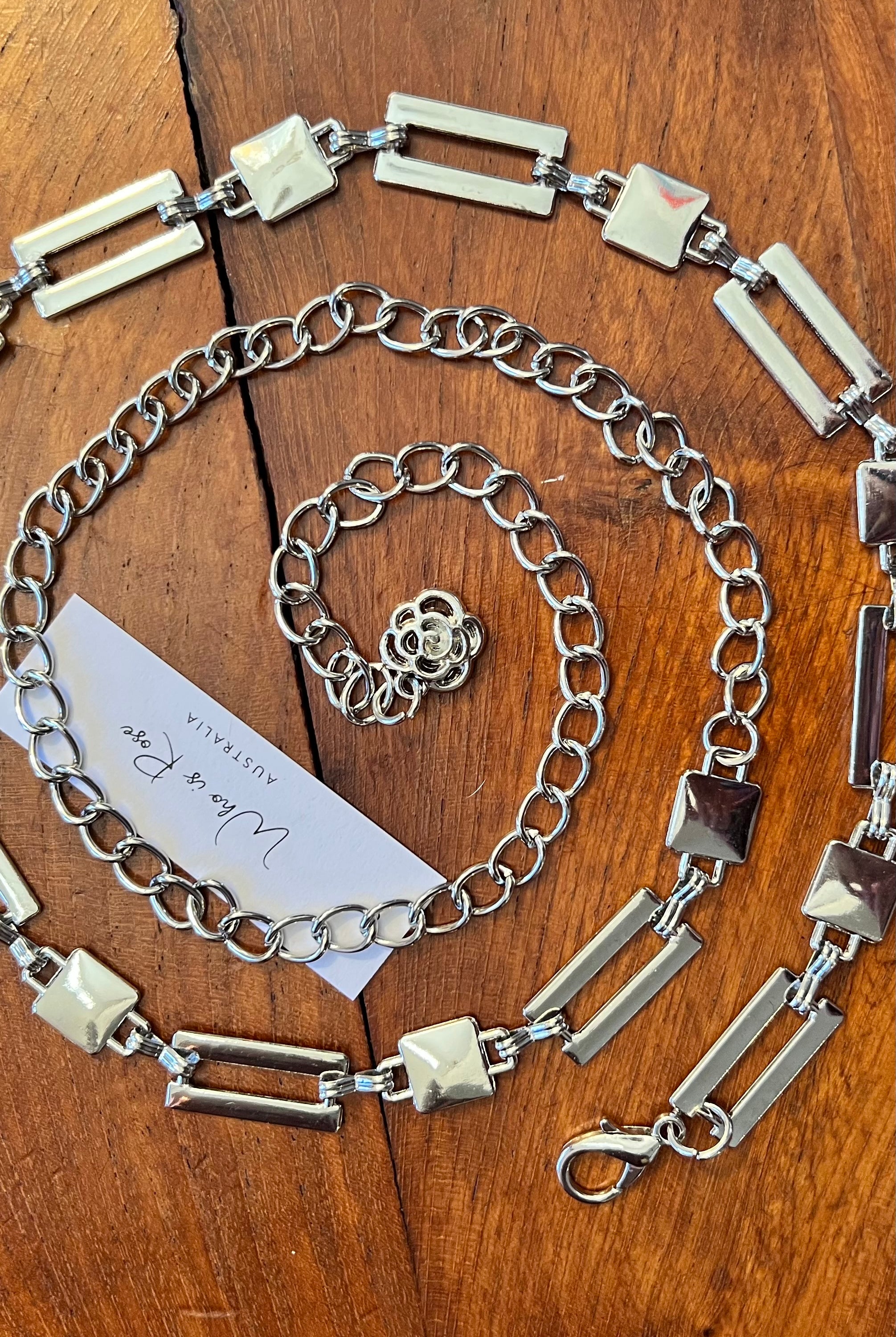 Silver geometric link chain belt with rose charm - boho luxe wist accessory from Who is Rose Australia.