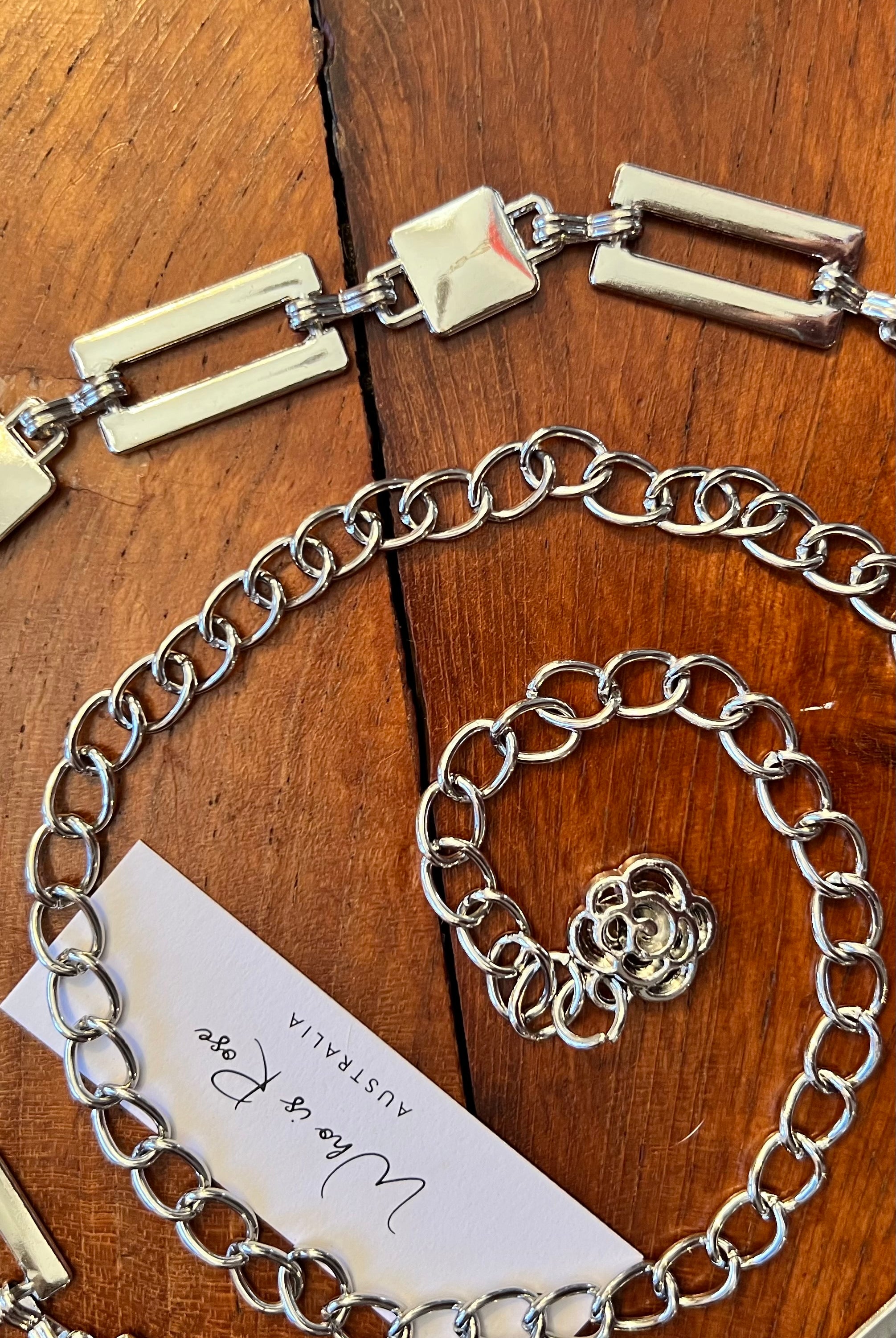 Silver geometric link chain belt with rose charm - boho luxe wist accessory from Who is Rose Australia.