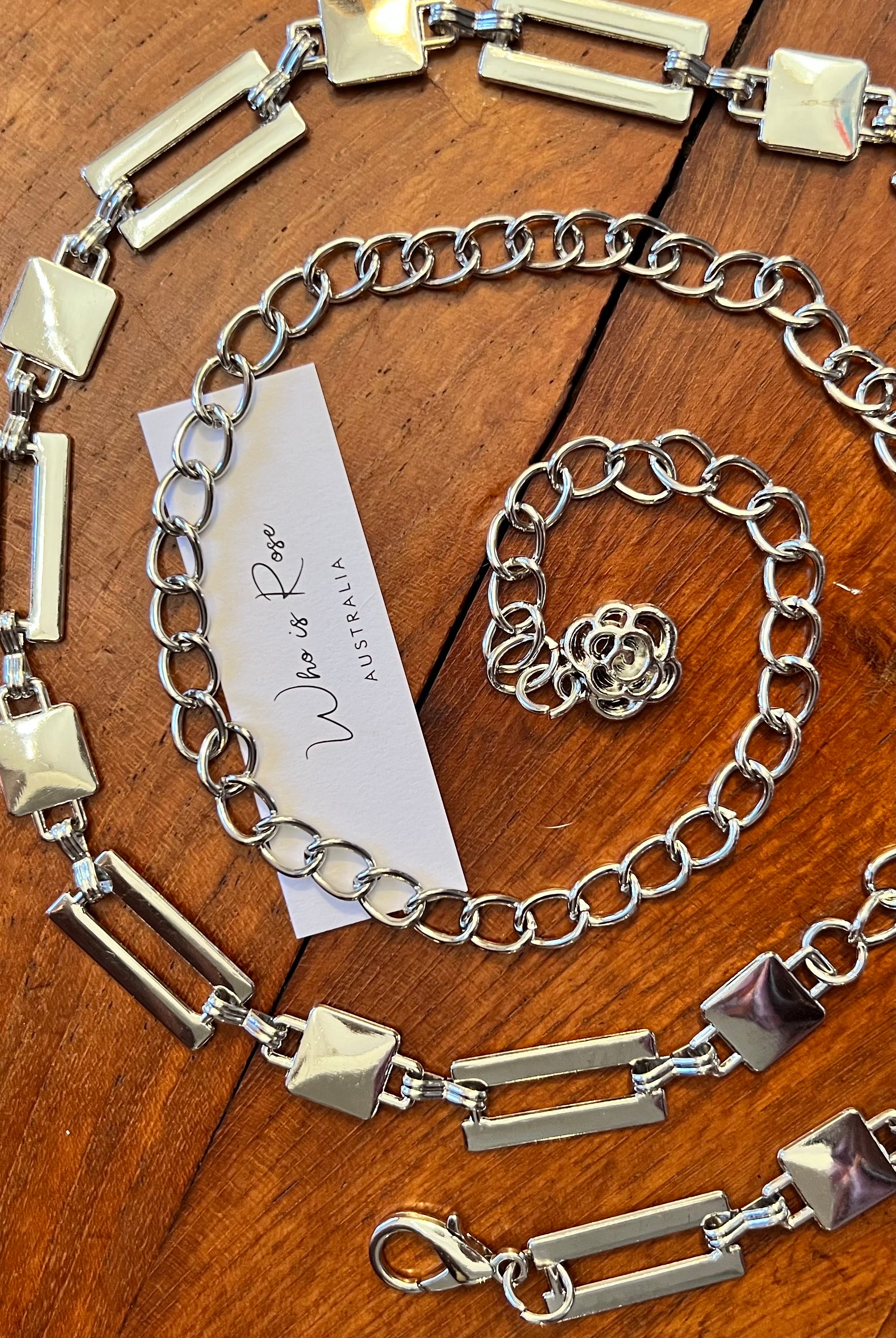 Silver geometric link chain belt with rose charm - boho luxe wist accessory from Who is Rose Australia.
