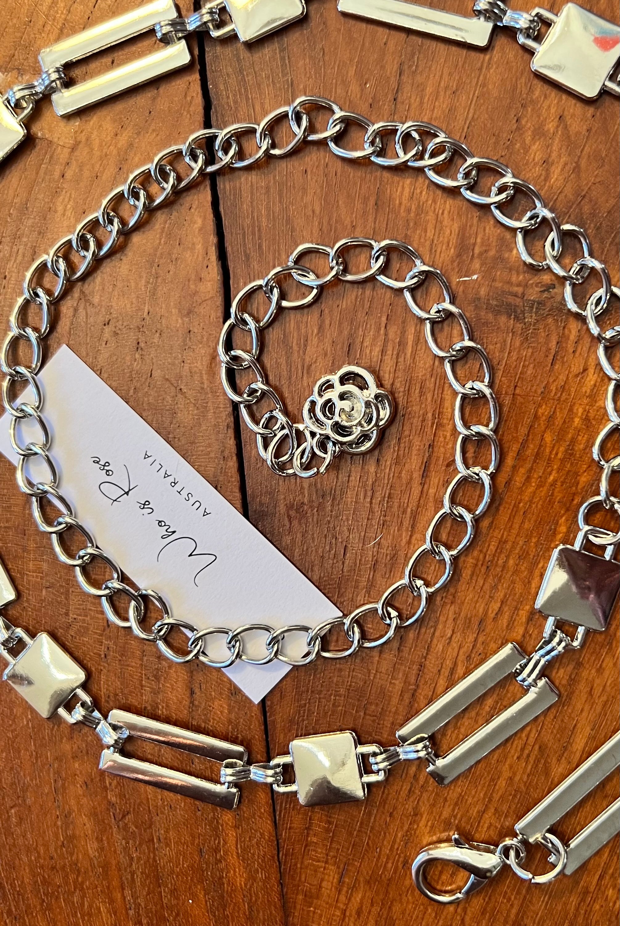 Silver geometric link chain belt with rose charm - boho luxe wist accessory from Who is Rose Australia.